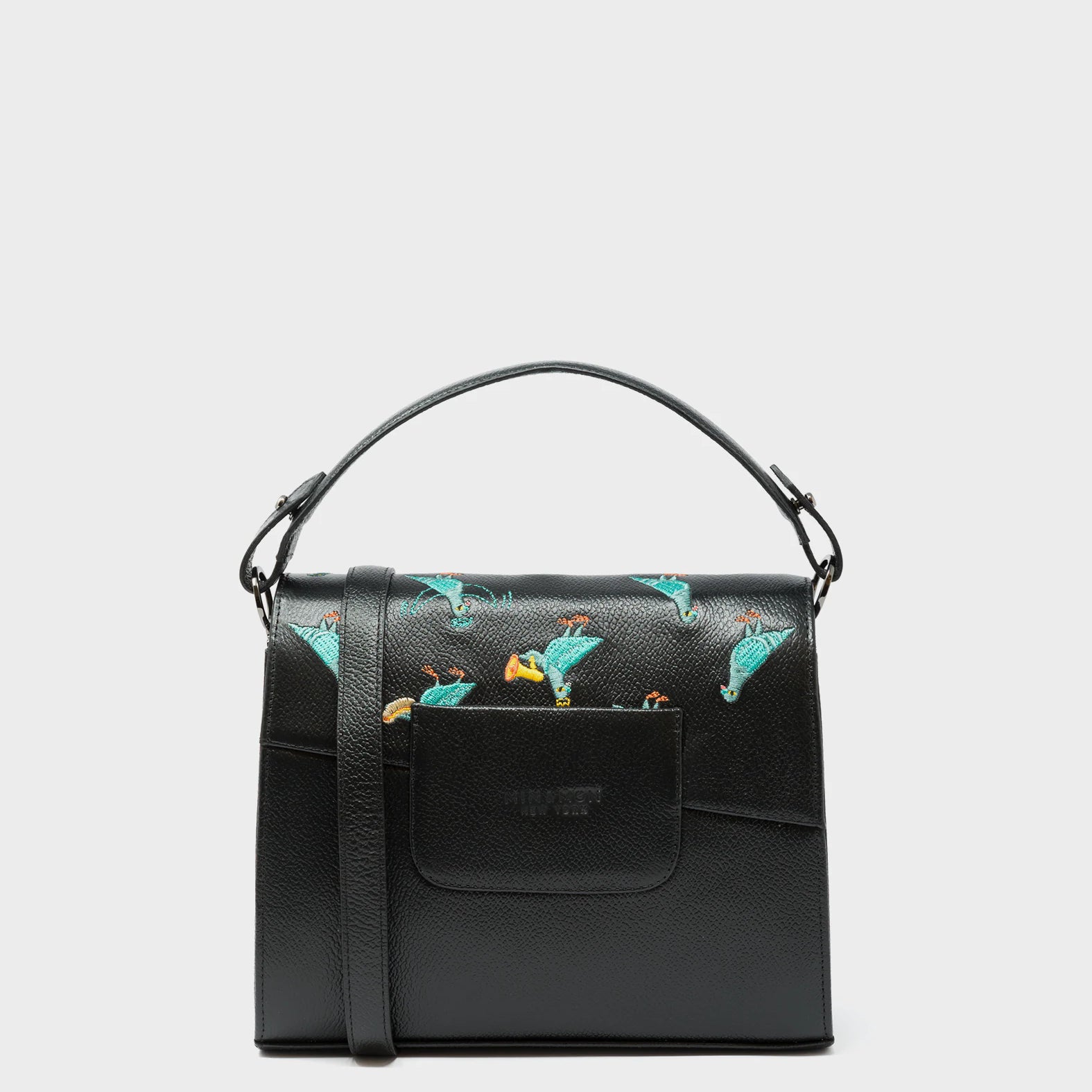 Anastasio Mini Crossbody Handbag Black Leather - Pigeonzilla Embroidery - Back View