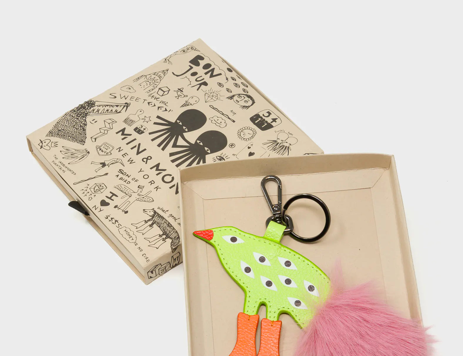 Bird In Boots Charm - Neon Lime and Pink Leather Keychain - Box View