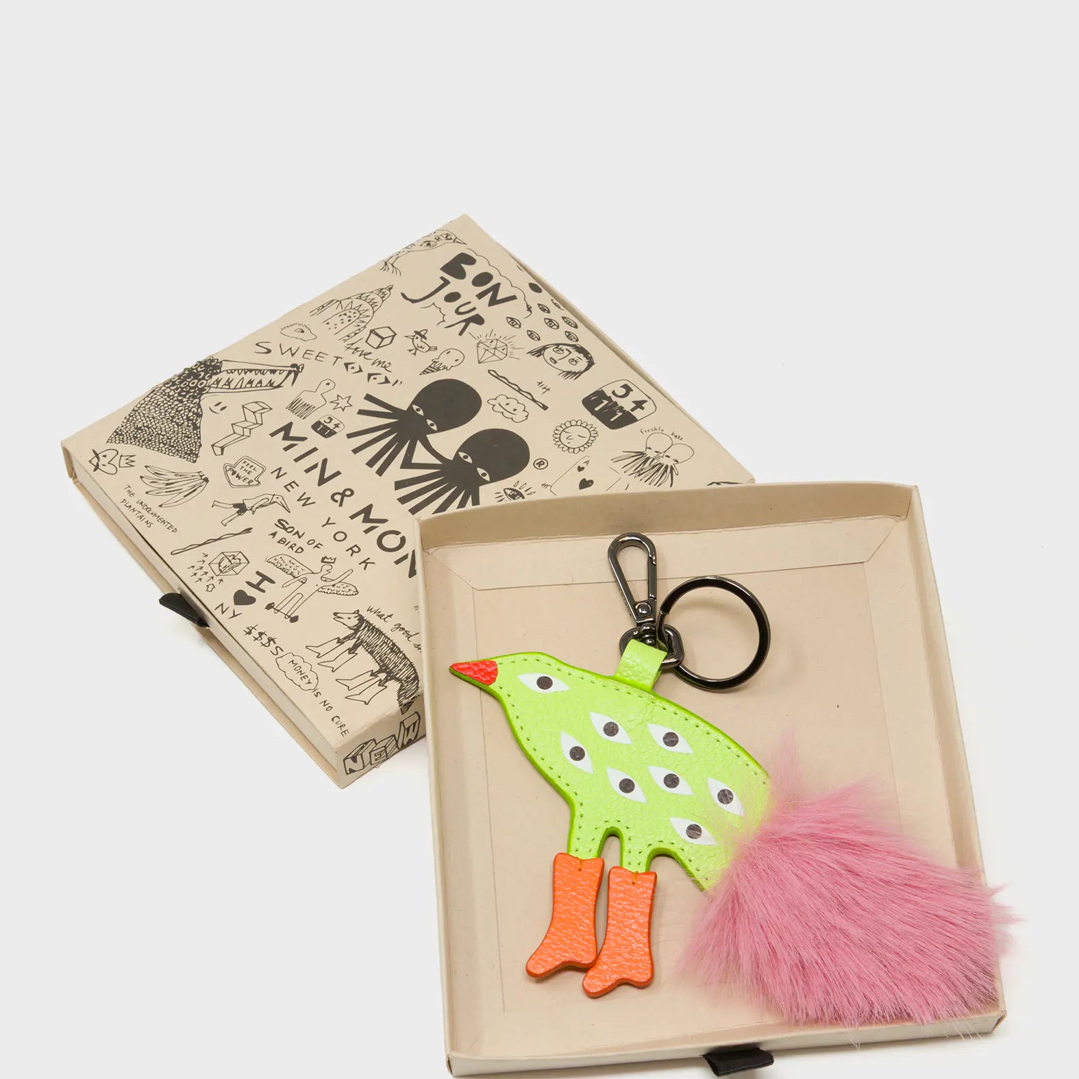 Bird In Boots Charm - Neon Lime and Pink Leather Keychain - Box View