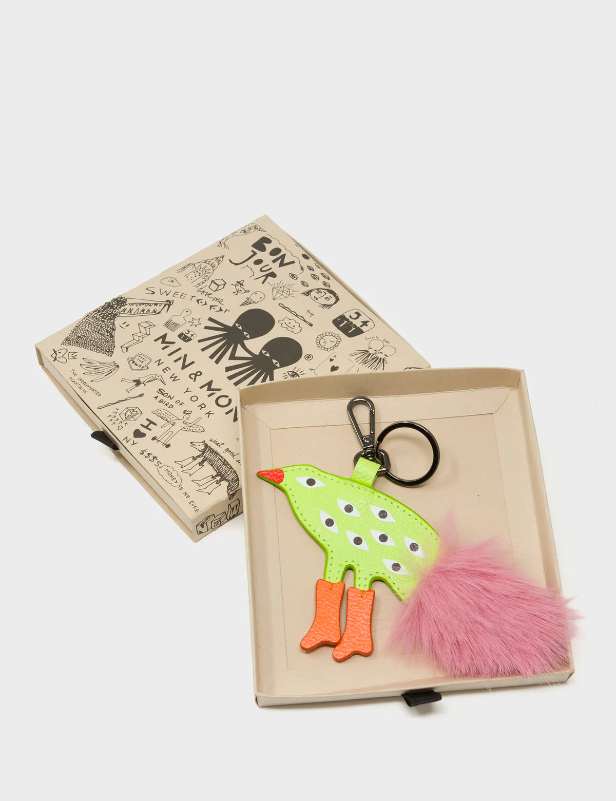 Bird In Boots Charm - Neon Lime and Pink Leather Keychain - Box View