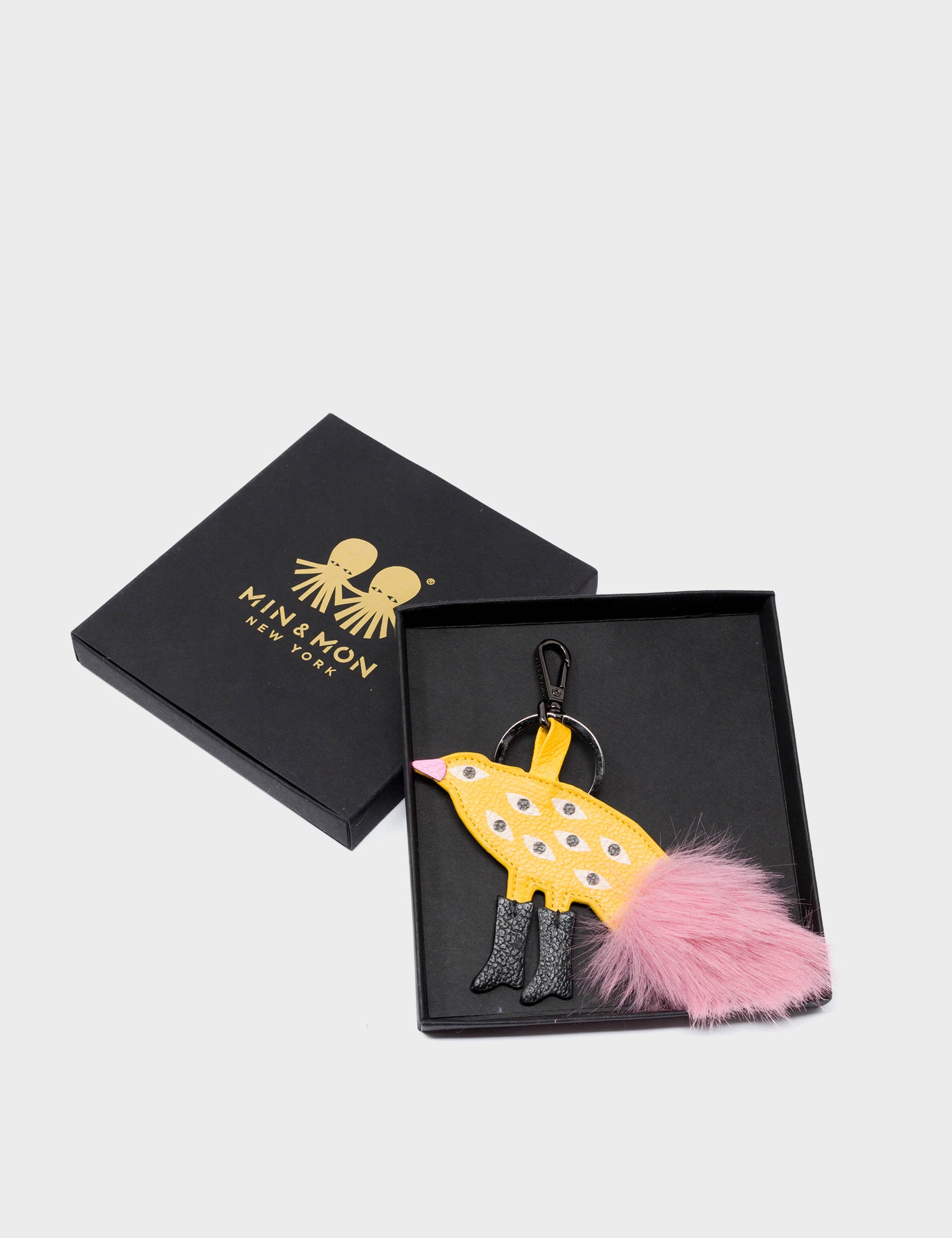 Bird In Boots Charm - Yellow Leather Keychain - Packaging View