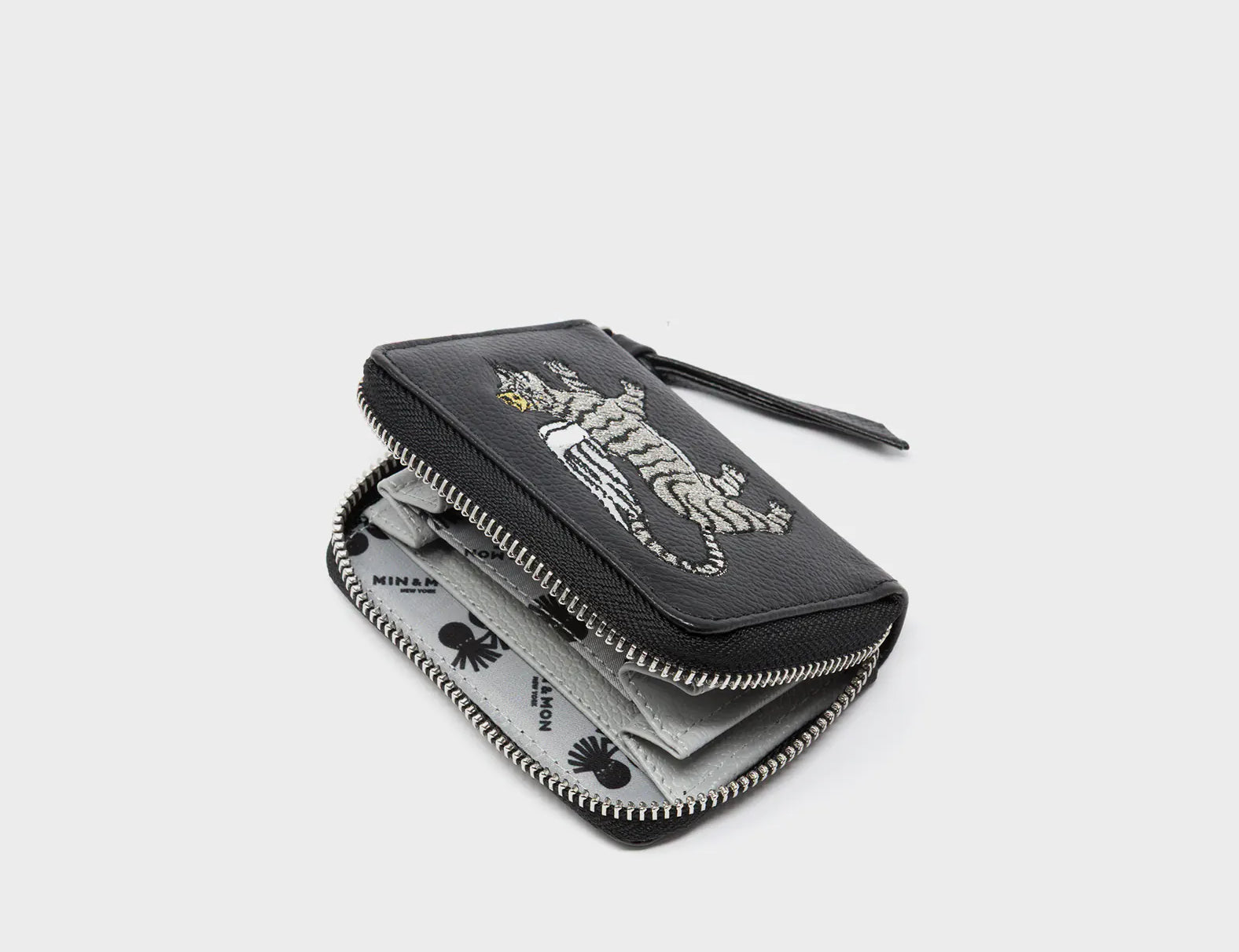 Frodo Black Leather Zip Around Wallet - Winged Tiger Embroidery - Open