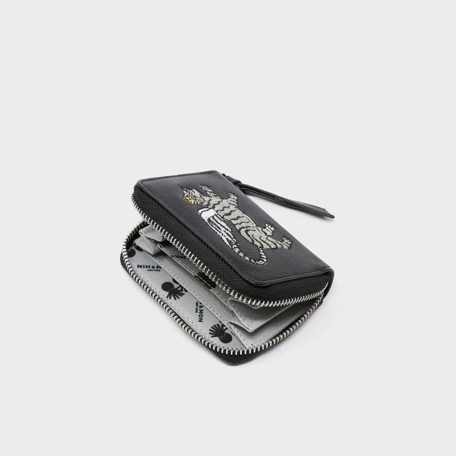 Frodo Black Leather Zip Around Wallet - Winged Tiger Embroidery - Open