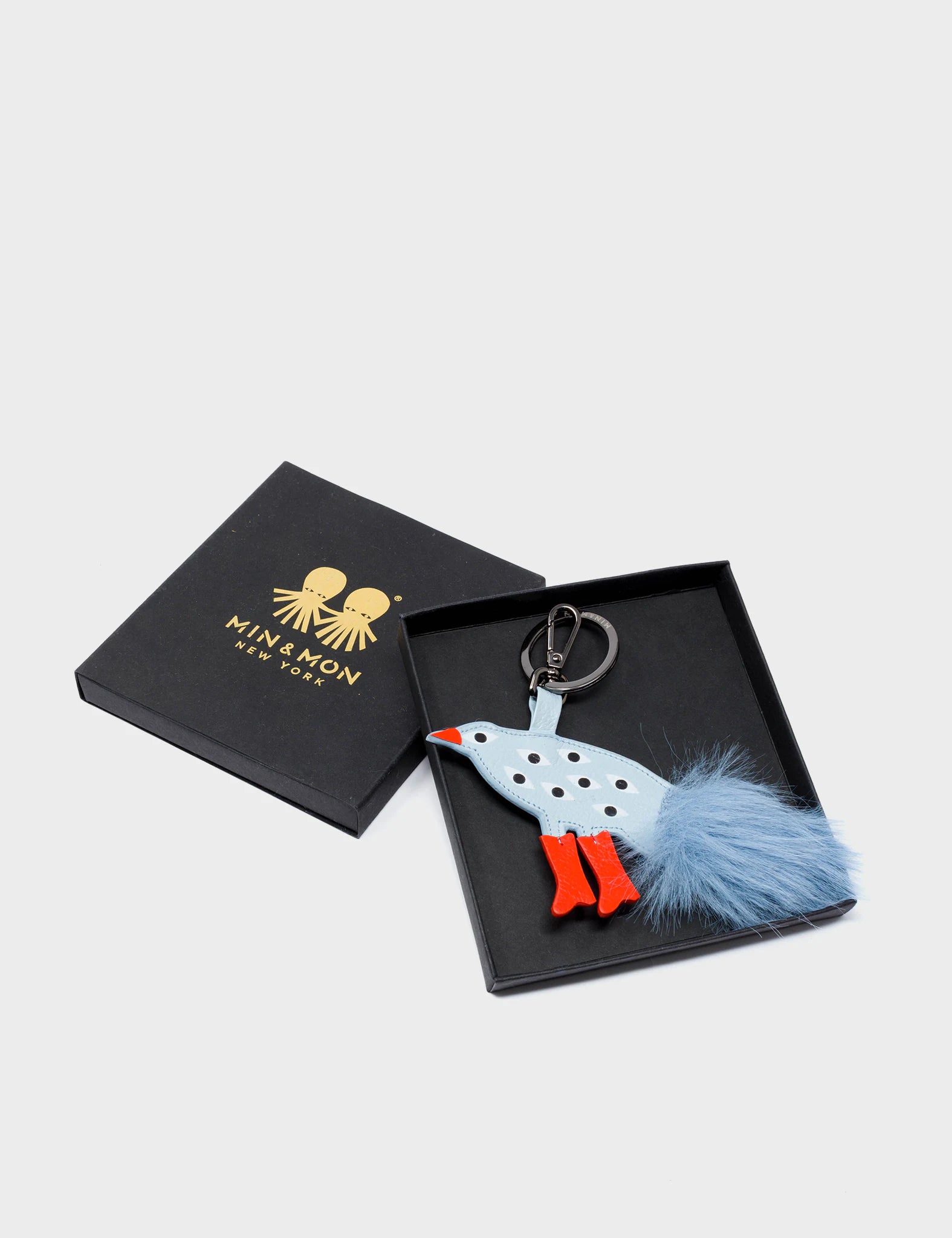 Bird In Boots Charm - Light Blue Leather Keychain - Packaging View