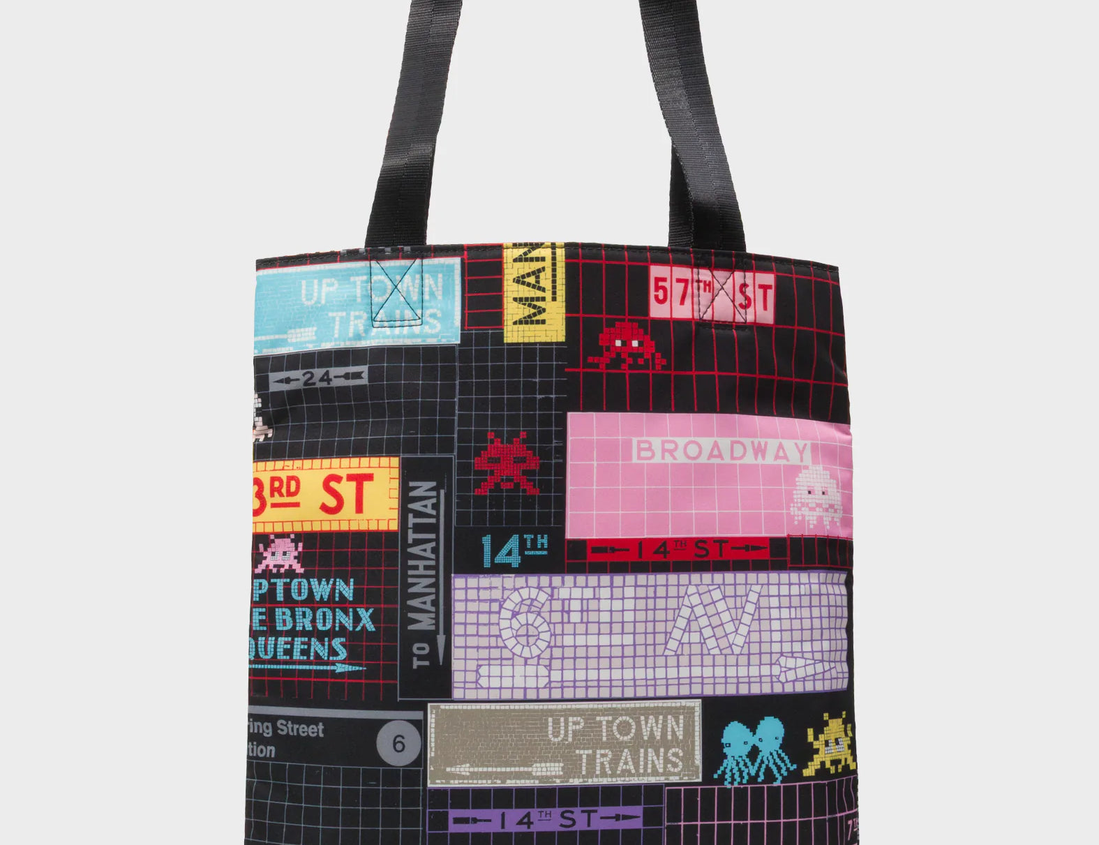 The Everyday Tote Bag - Black Cyclepet Fabric Subway Stories Print - Front View