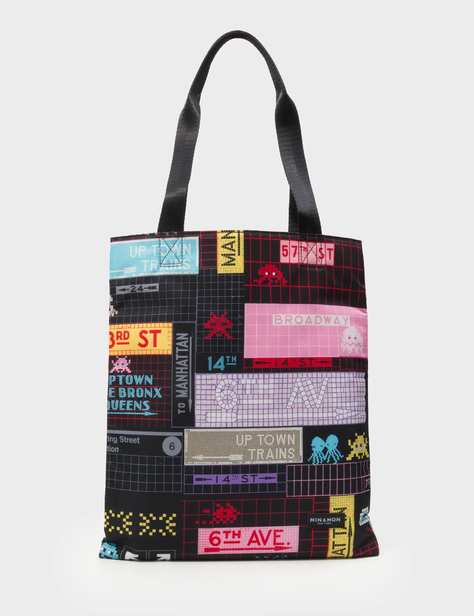 The Everyday Tote Bag - Black Cyclepet Fabric Subway Stories Print - Front View