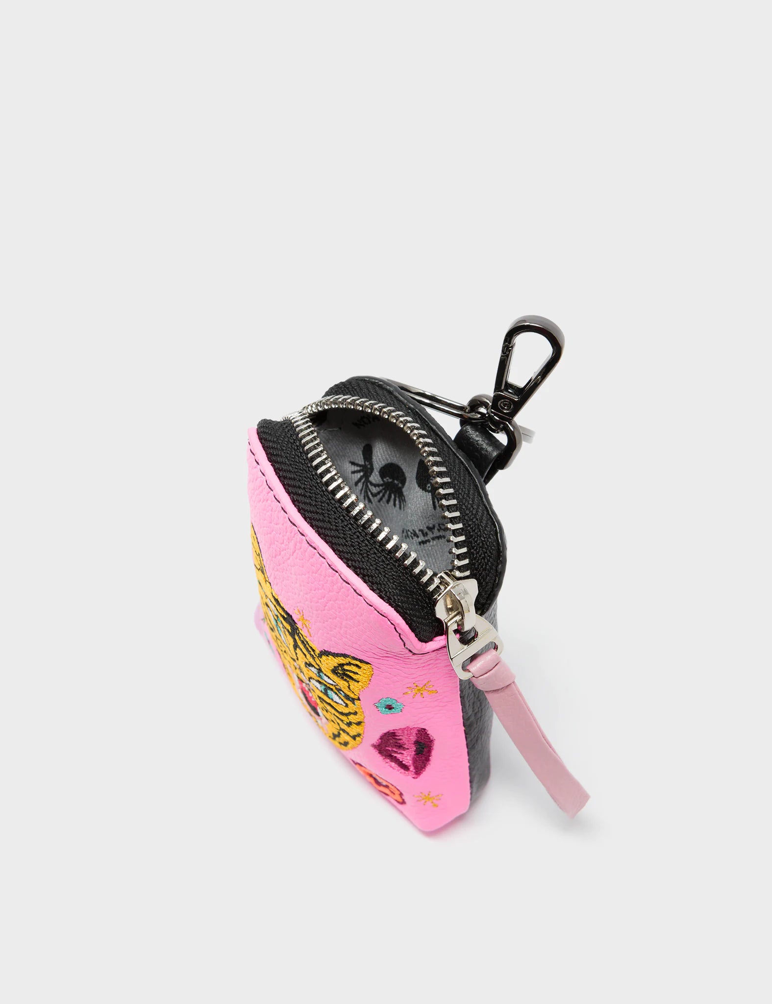 Florence Pouch Charm - Bubblegum Pink Leather Keychain Tiger and Flowers Embroidery - Open View