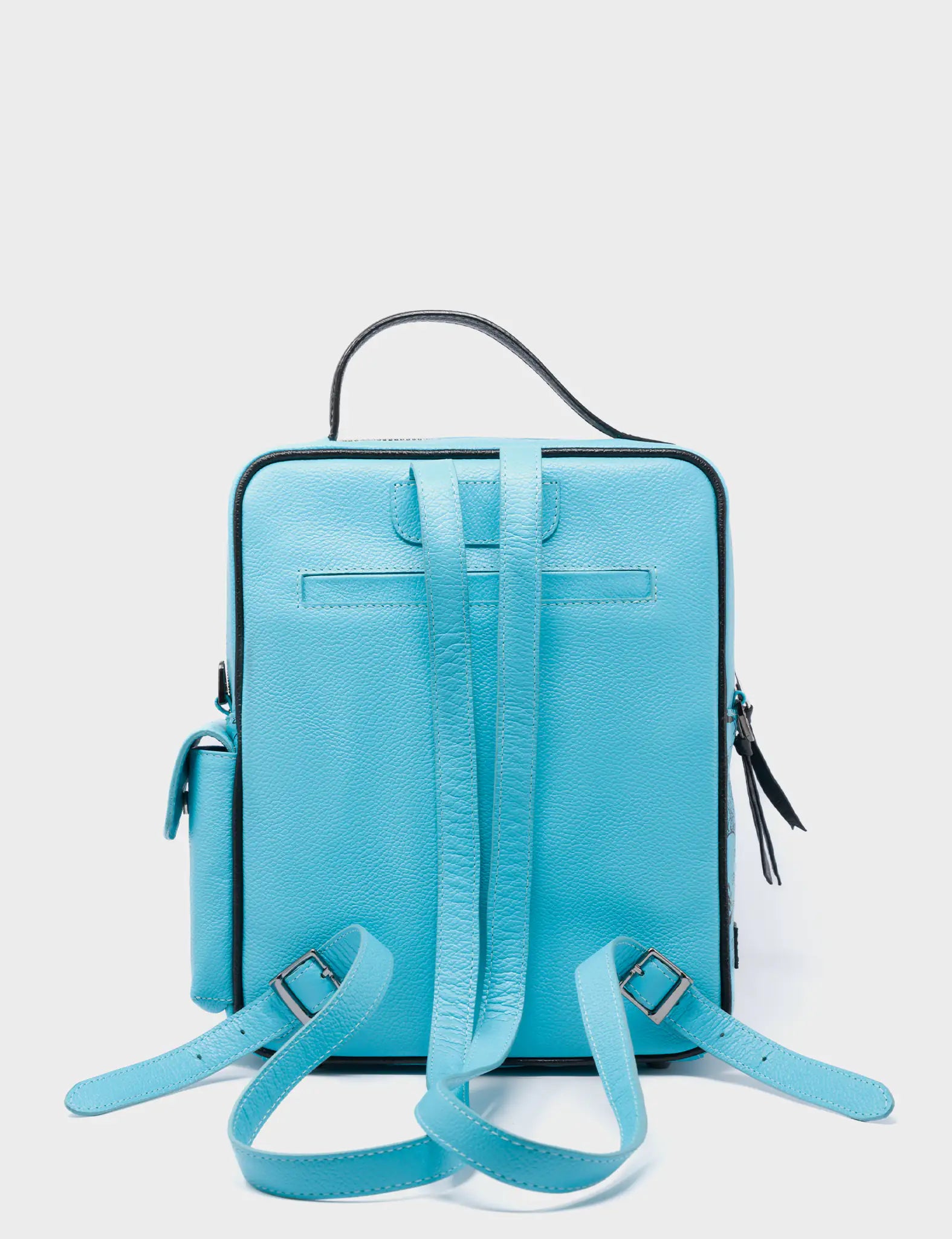 Vinyl Cyan Leather Small Backpack - Urban Doodles Print - Back View