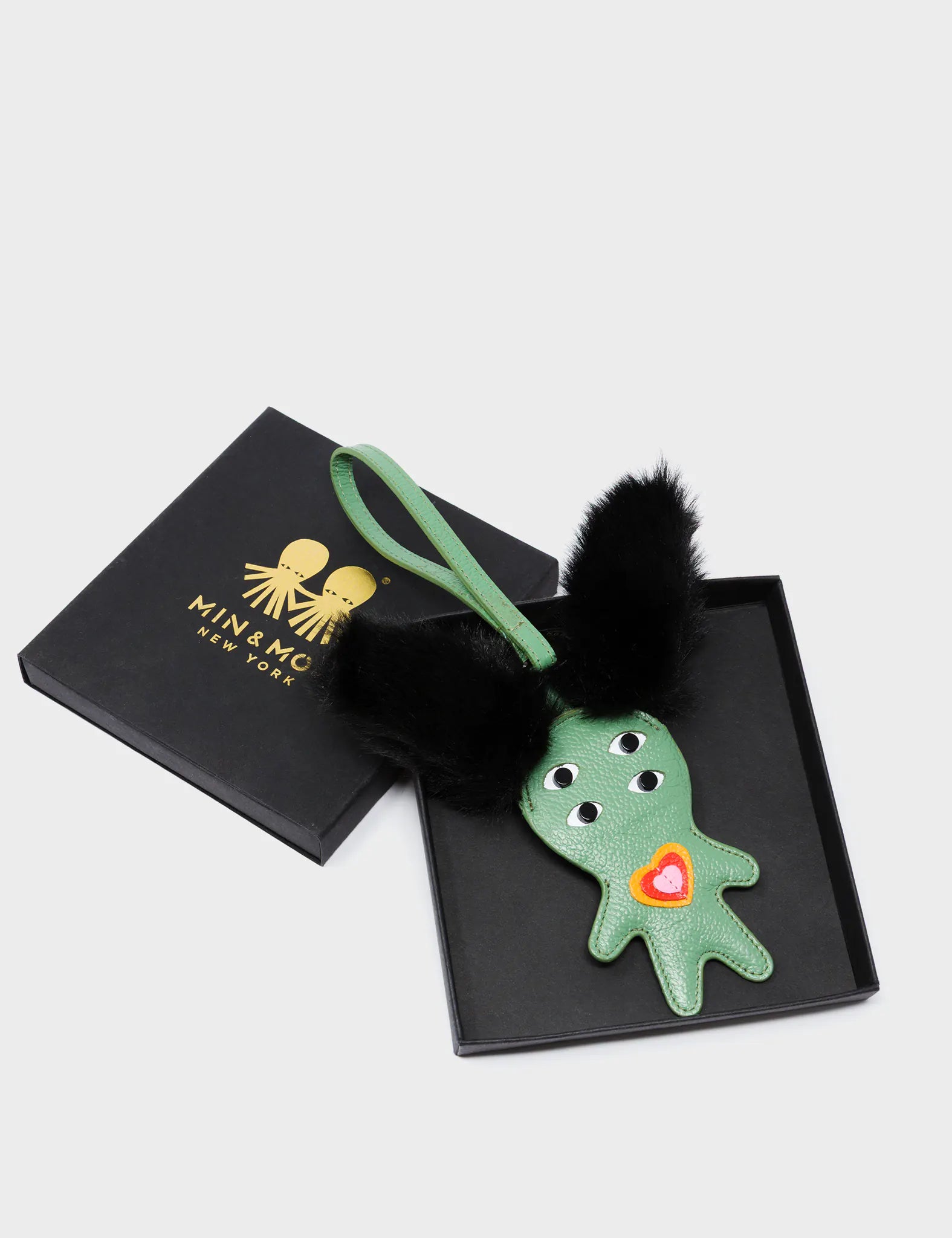 Fluffy Fella Charm - Black and Basil Green Leather Bag Charm - Package