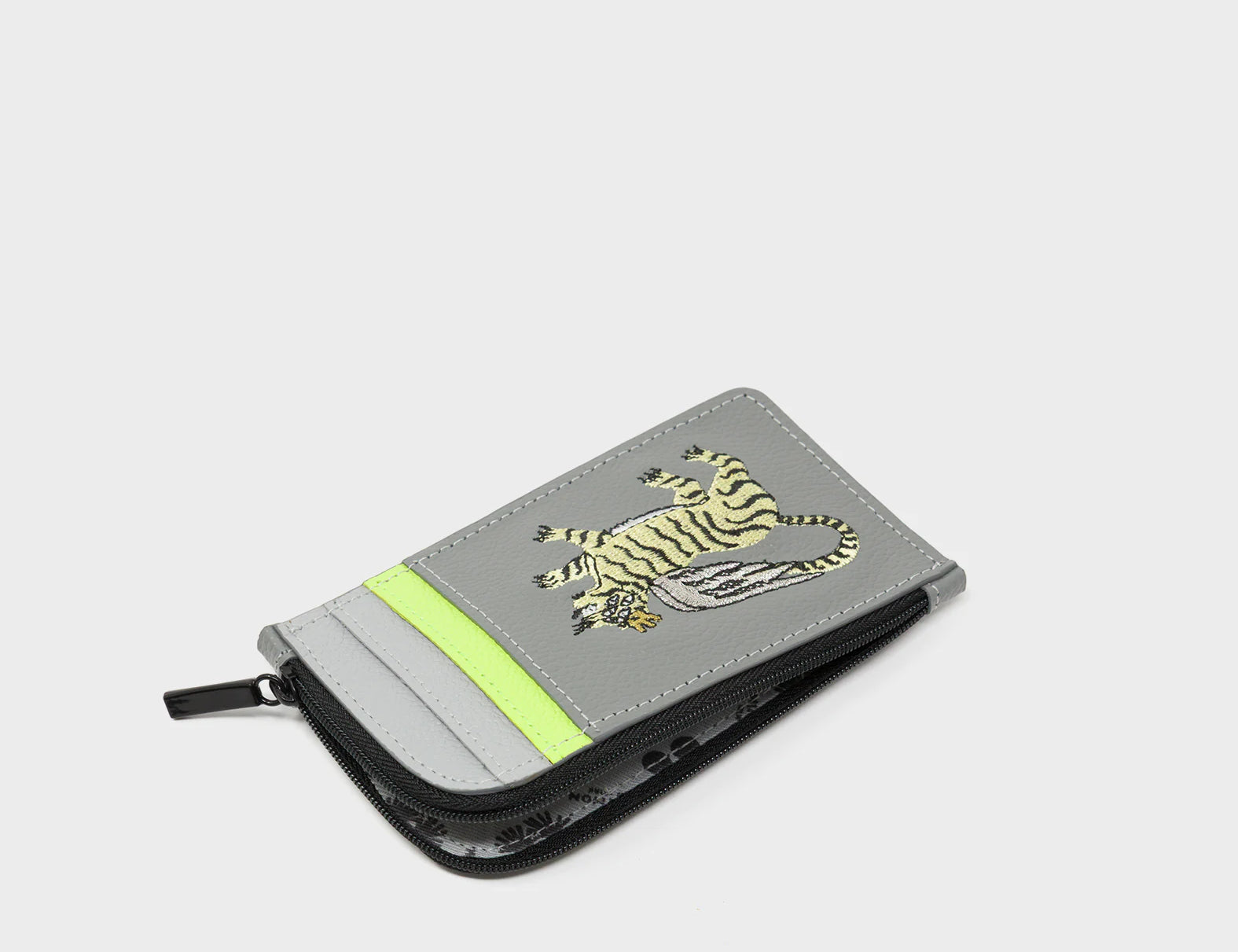 Fausto Gray Leather Zip-around Cardholder - Winged Tiger Embroidery - Open