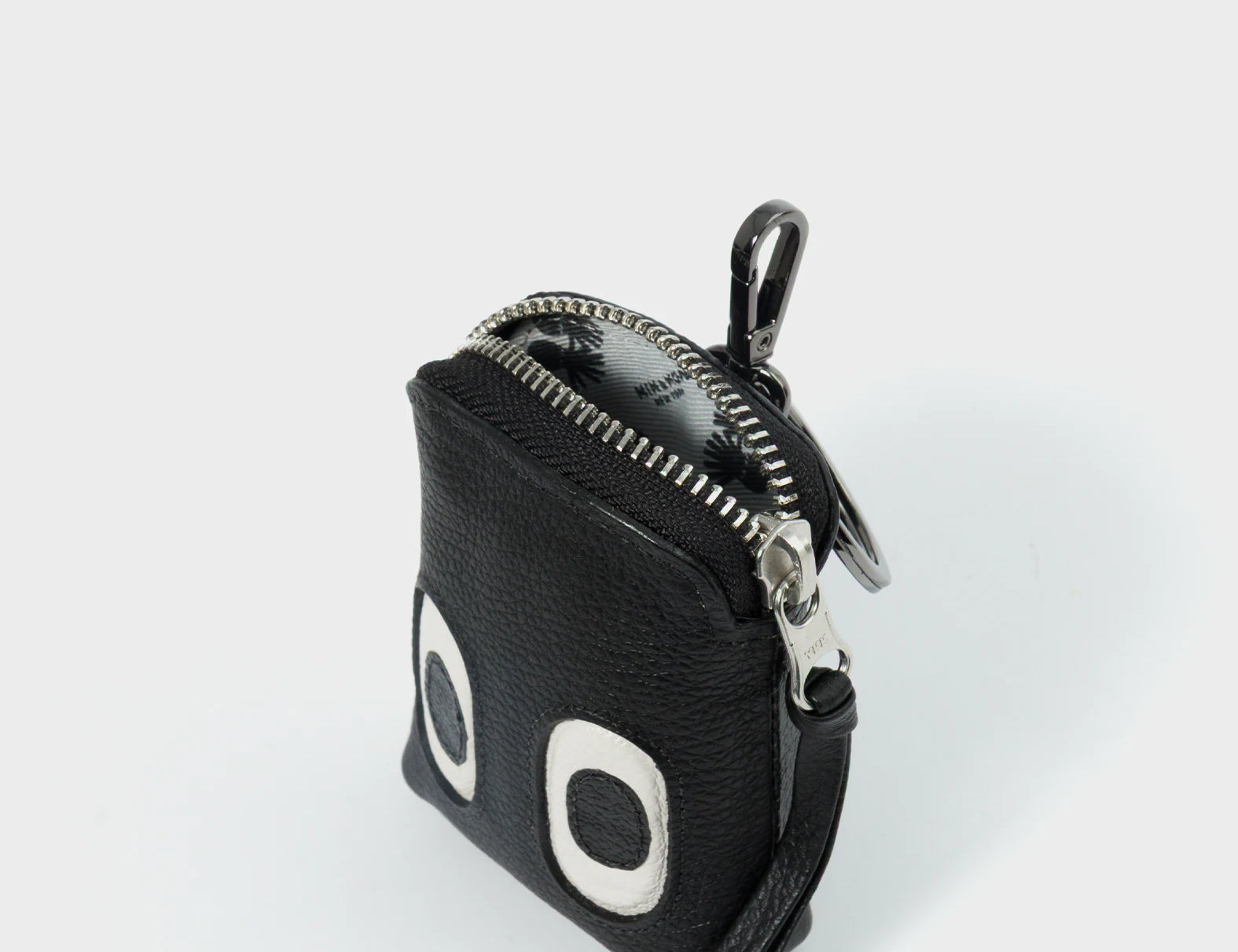 Florence Pouch Charm - Black Leather Keychain Funny Eyes Engraved - Open View