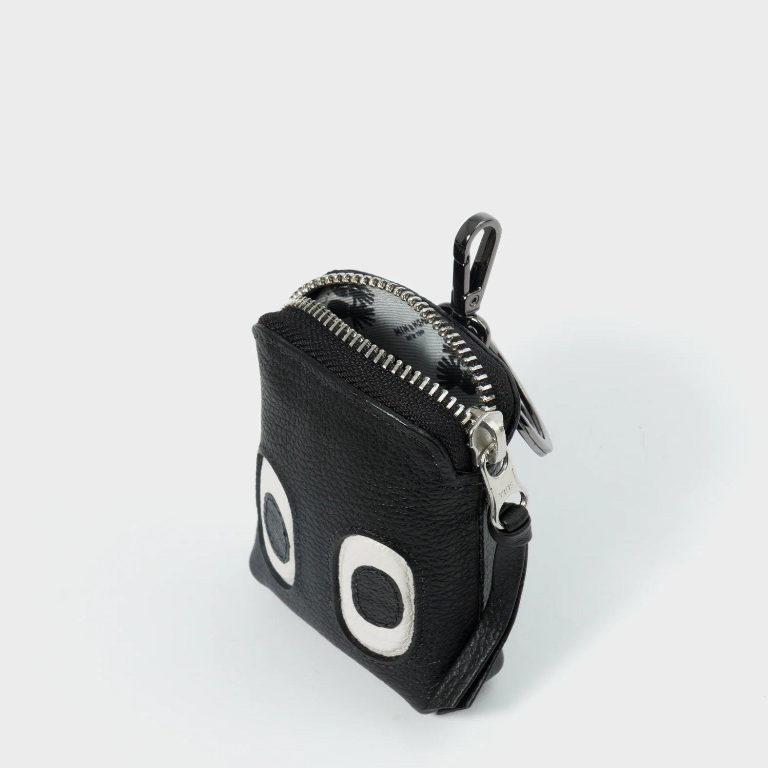 Florence Pouch Charm - Black Leather Keychain Funny Eyes Engraved - Open View