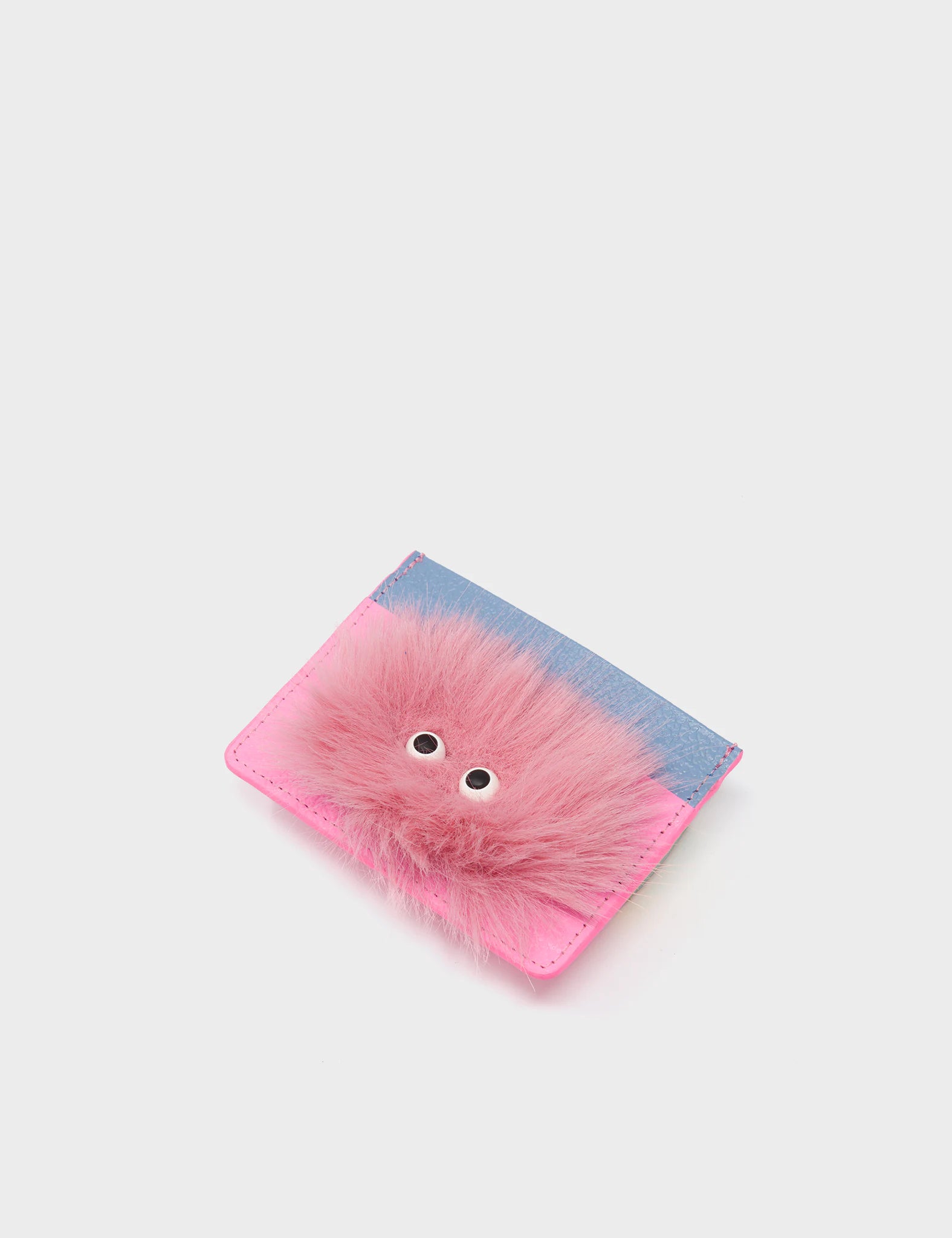 Filium Bubblegum Pink Leather Cardholder - Fuzzy Monster Applique - Open