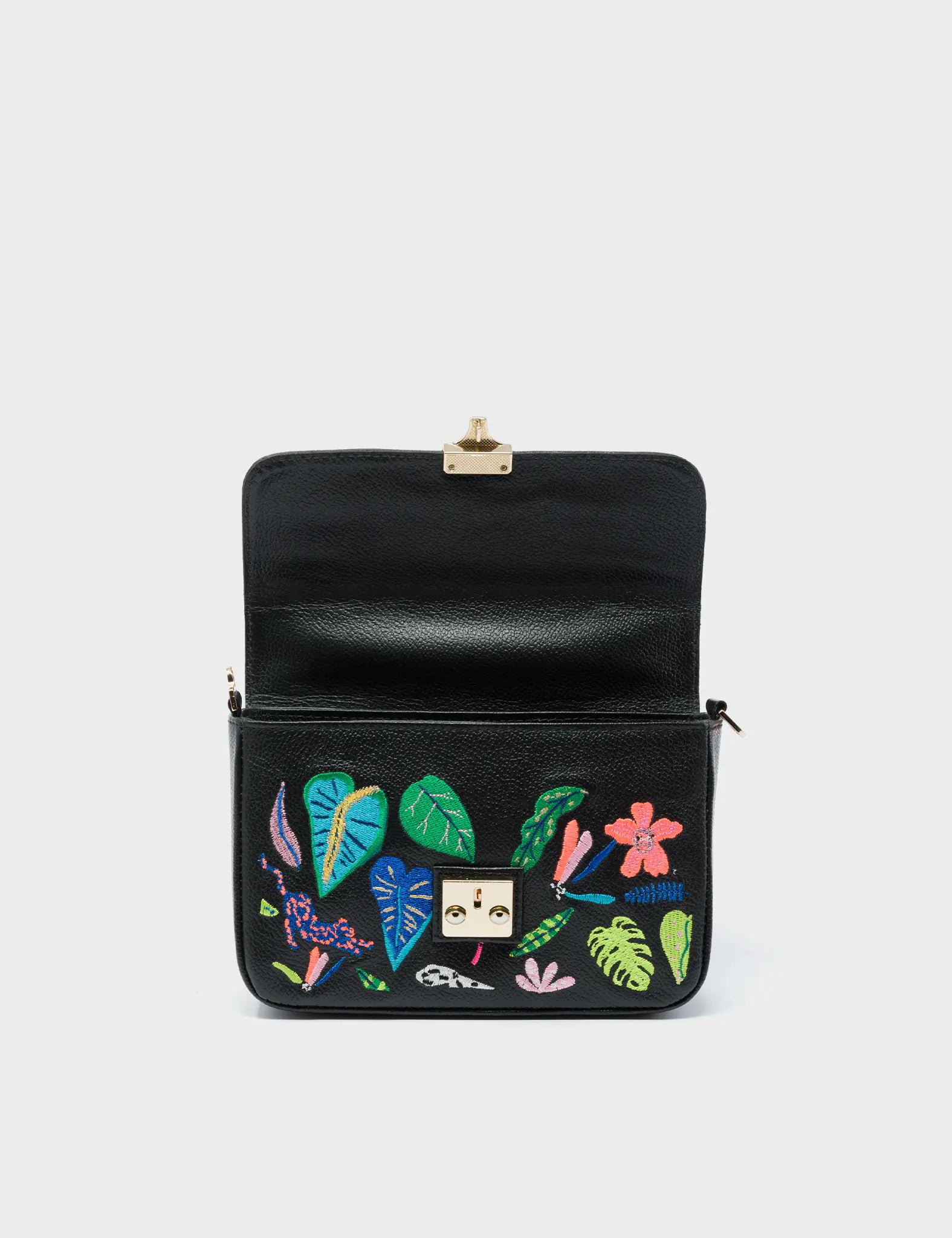 Amantis Cameo Black Leather Crossbody Mini Handbag - El Trópico Embroidery Design - Open Flap