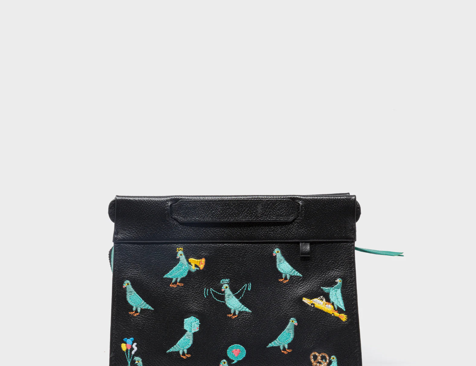 Vali Crossbody Small Black Leather Bag - Pigeonzilla Embroidery - Front View