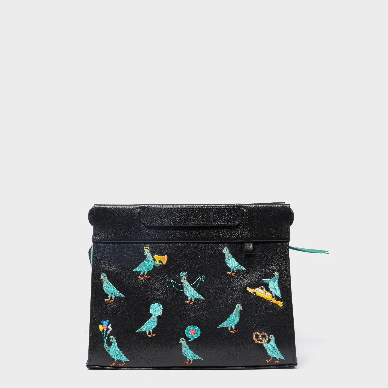 Vali Crossbody Small Black Leather Bag - Pigeonzilla Embroidery - Front View