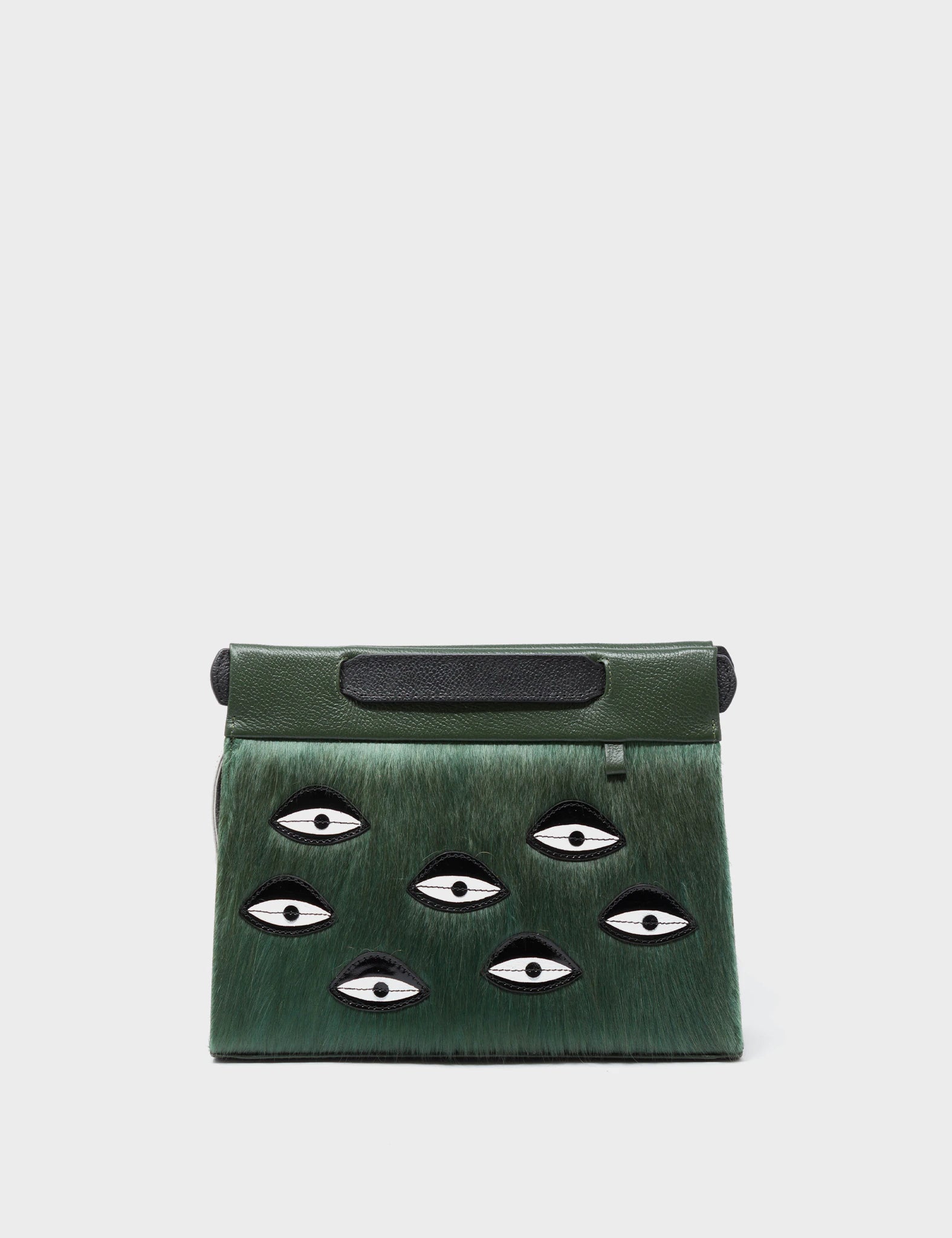 Vali Crossbody Small Green And Black Leather Bag - Eyes Applique Adjustable Handle - Front View