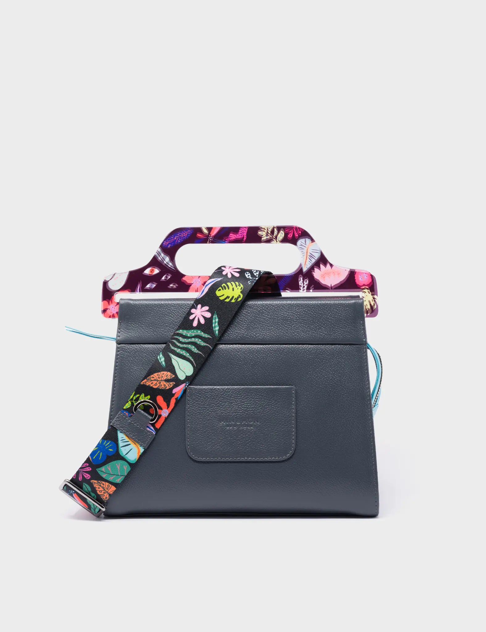 Vali Black Leather Crossbody Handbag Plastic Handle - Tiger and Flowers Design Back View