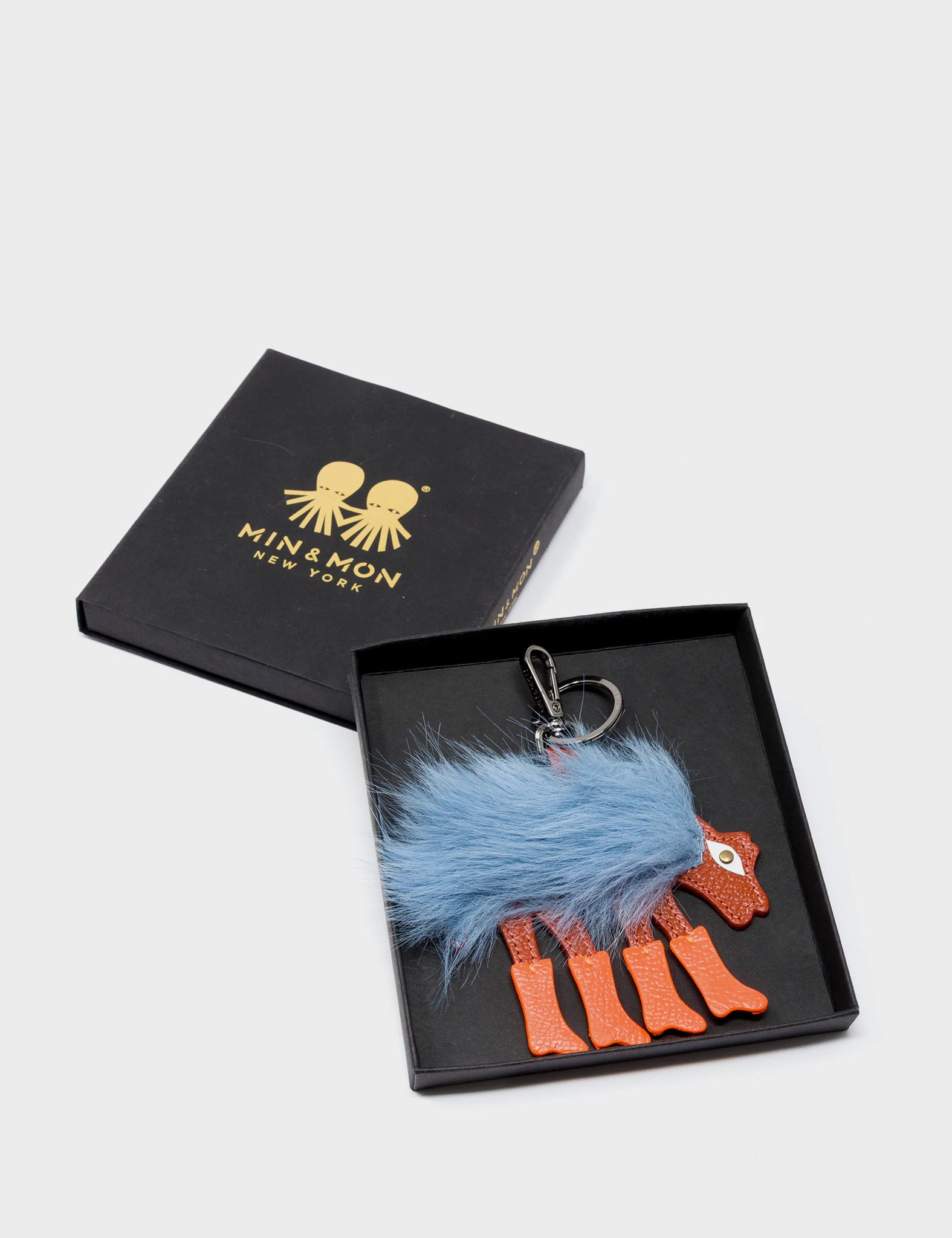 Wolf In Heels Charm - Blue Faux Fur and Neon Orange Boots Keychain - Package