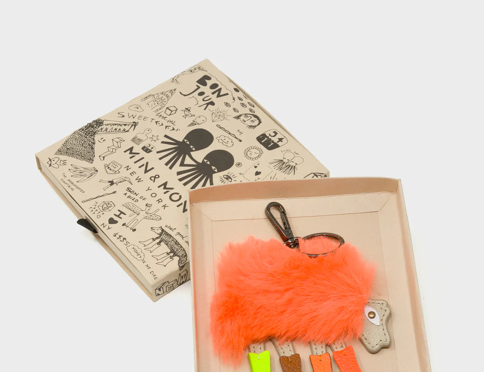Wolf In Heels Charm - Orange Faux Fur and Brown and Green Boots Keychain - Box View