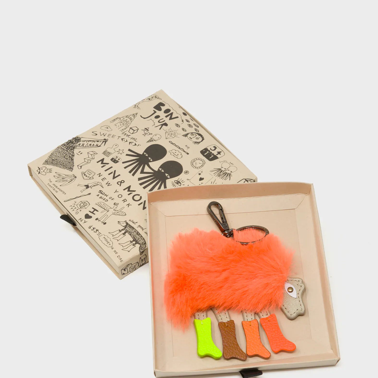 Wolf In Heels Charm - Orange Faux Fur and Brown and Green Boots Keychain - Box View