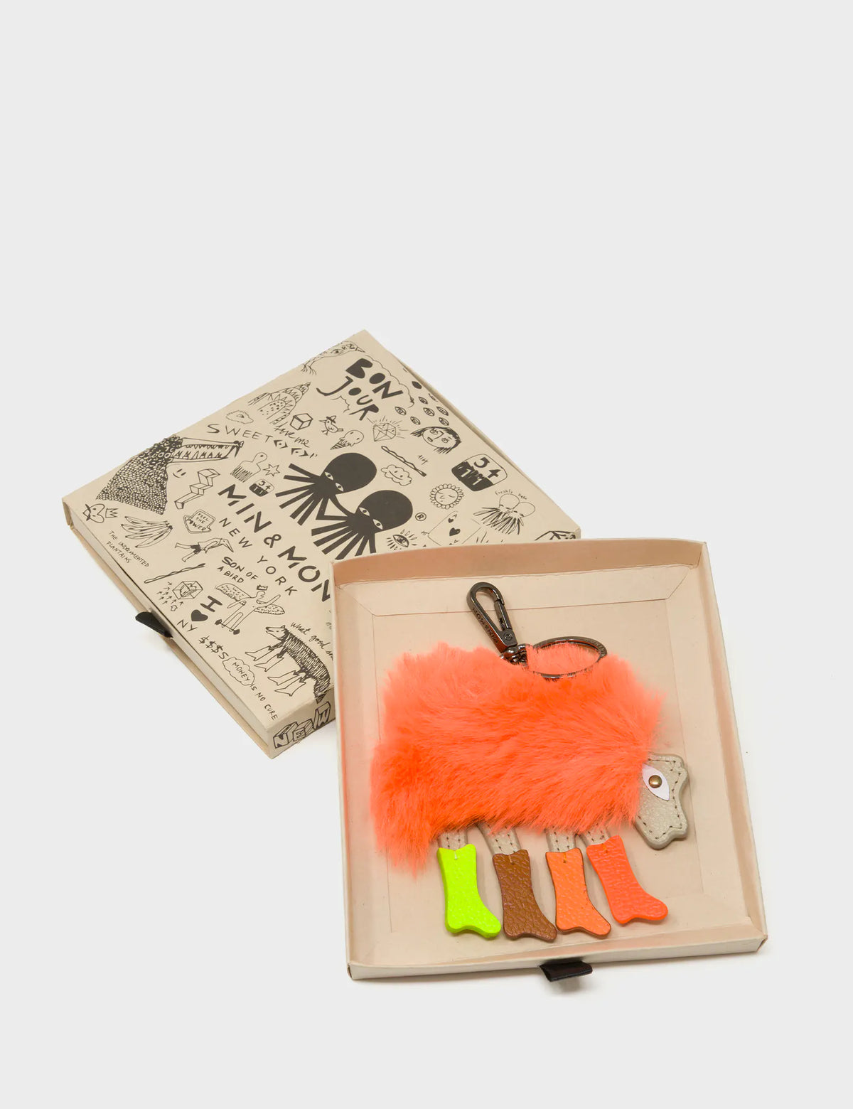 Wolf In Heels Charm - Orange Faux Fur and Brown and Green Boots Keychain - Box View
