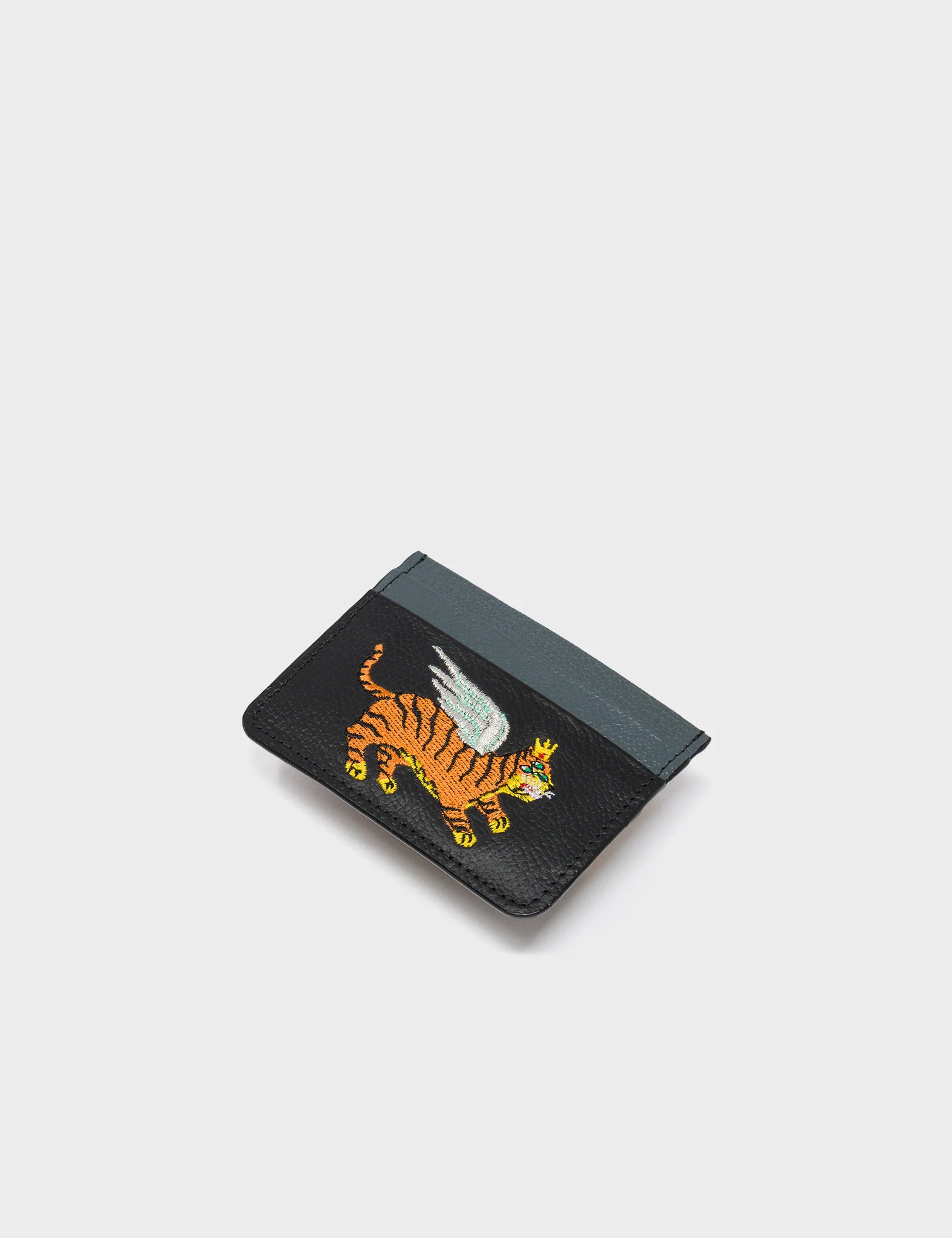 Filium Black and Stormy Gray Leather Cardholder - Winged Tiger Embroidery - Side 