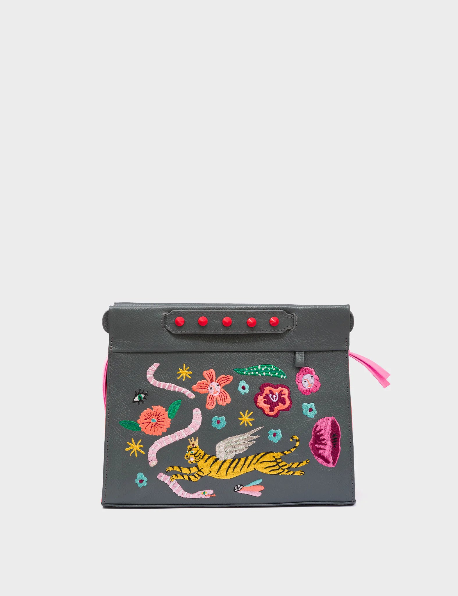 Vali Crossbody Small Stormy Gray Leather Bag - Tiger and Flowers Embroidery - Front View