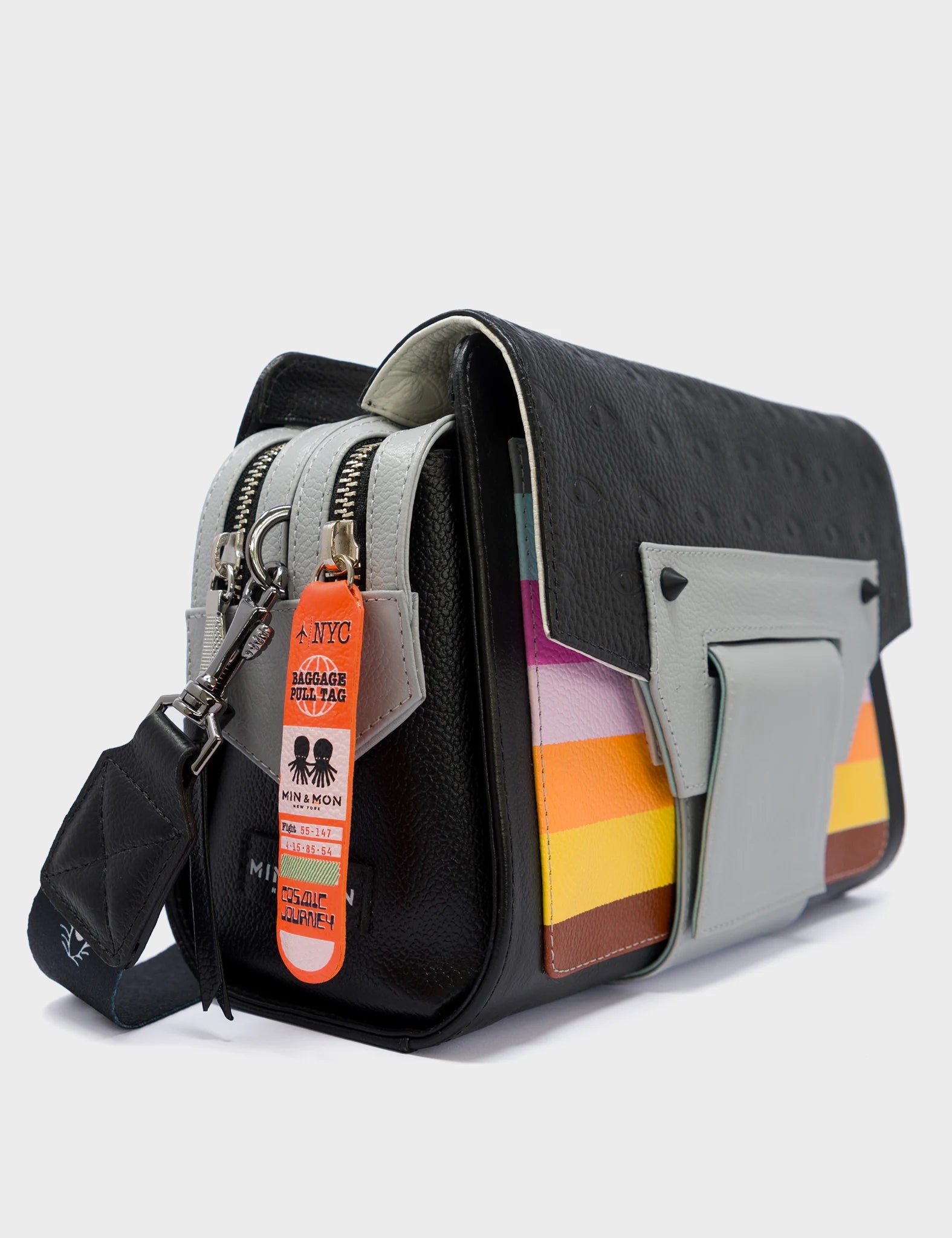 Cael Reversible Black And Grey Shoulder Bag - Groovy Rainbow Design - Side 