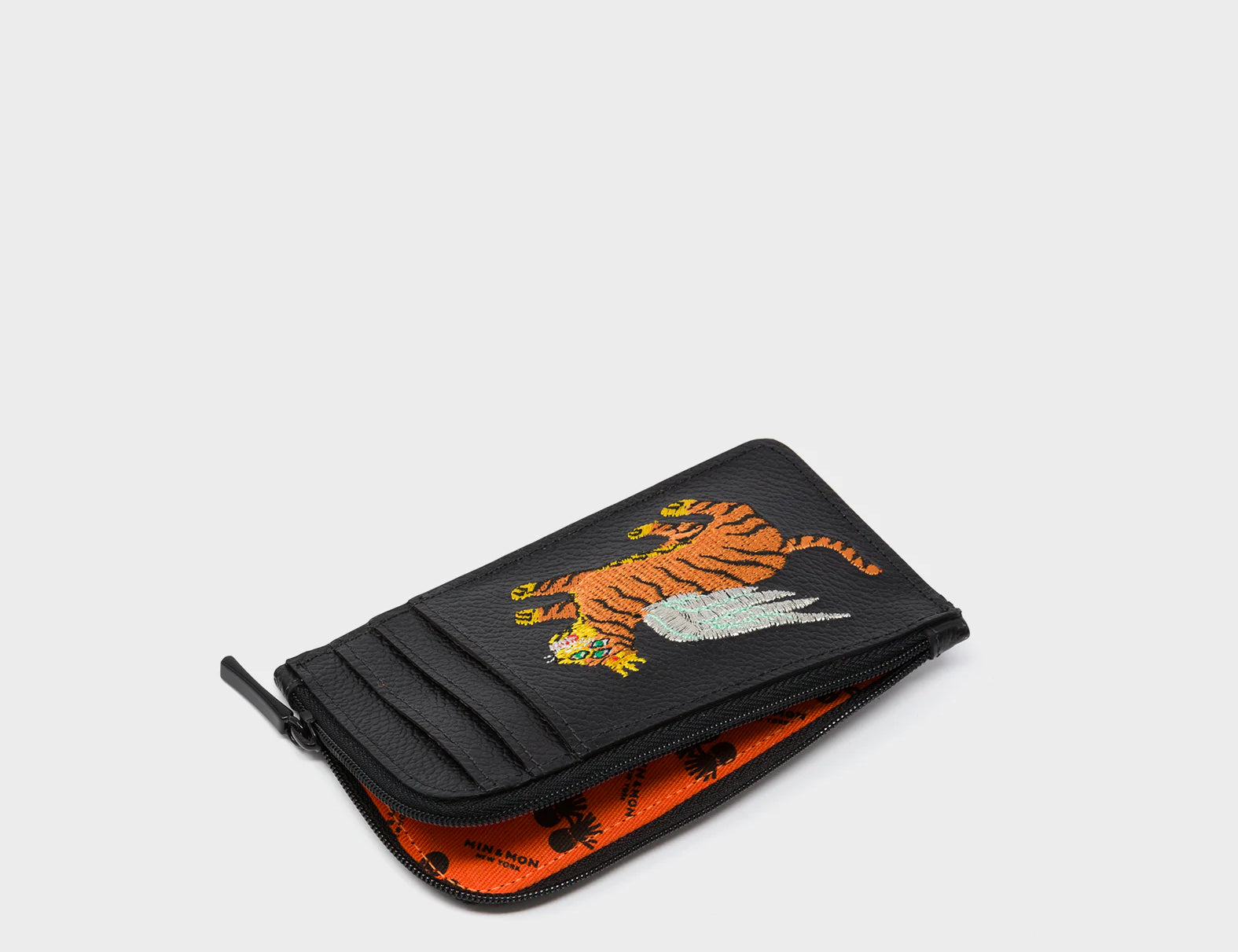 Fausto Black Leather Zip-around Cardholder - Flying Tiger Embroidery - Open View