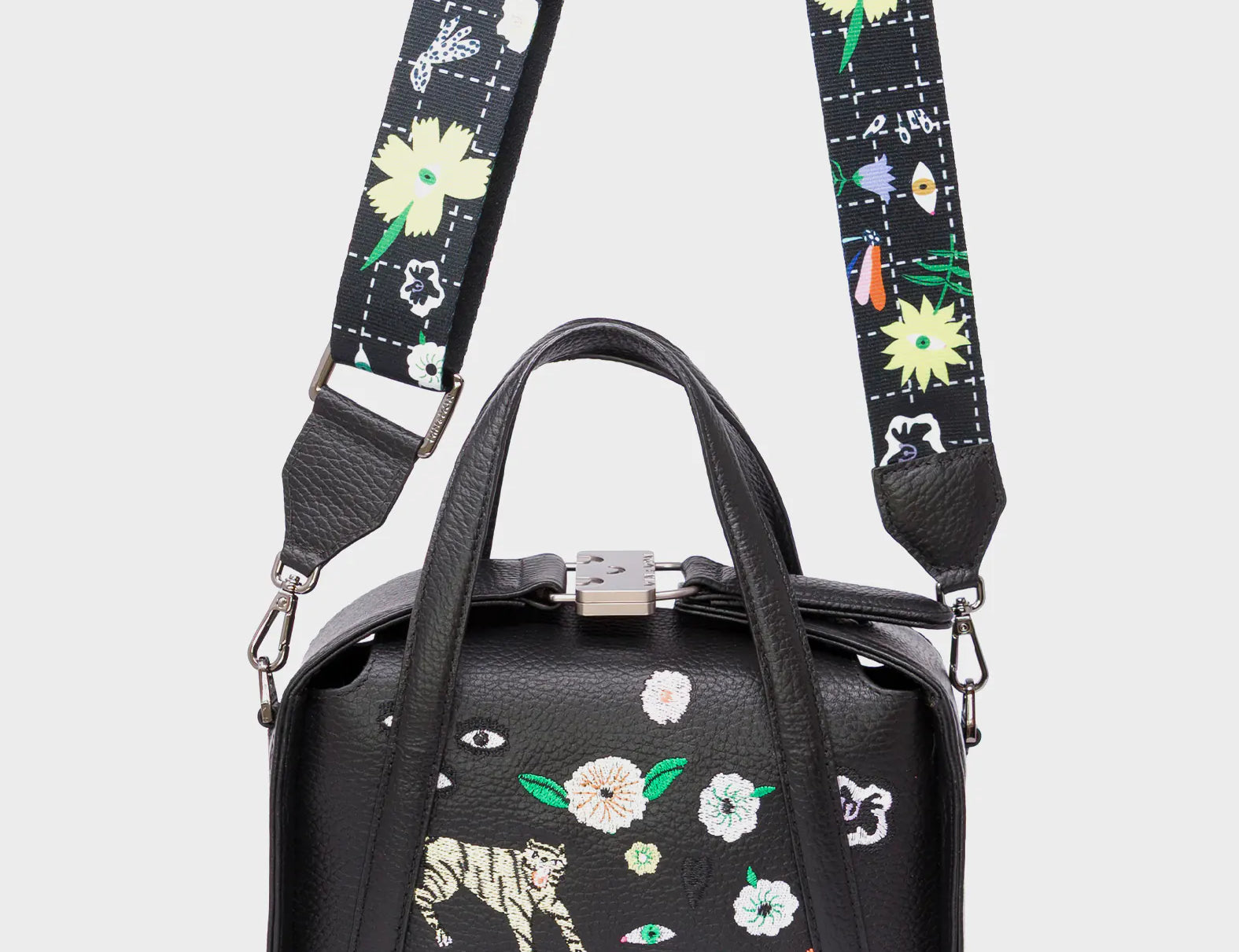Benji Small Crossbody Black Leather Bag -  Floralia Embroidery - Strap View