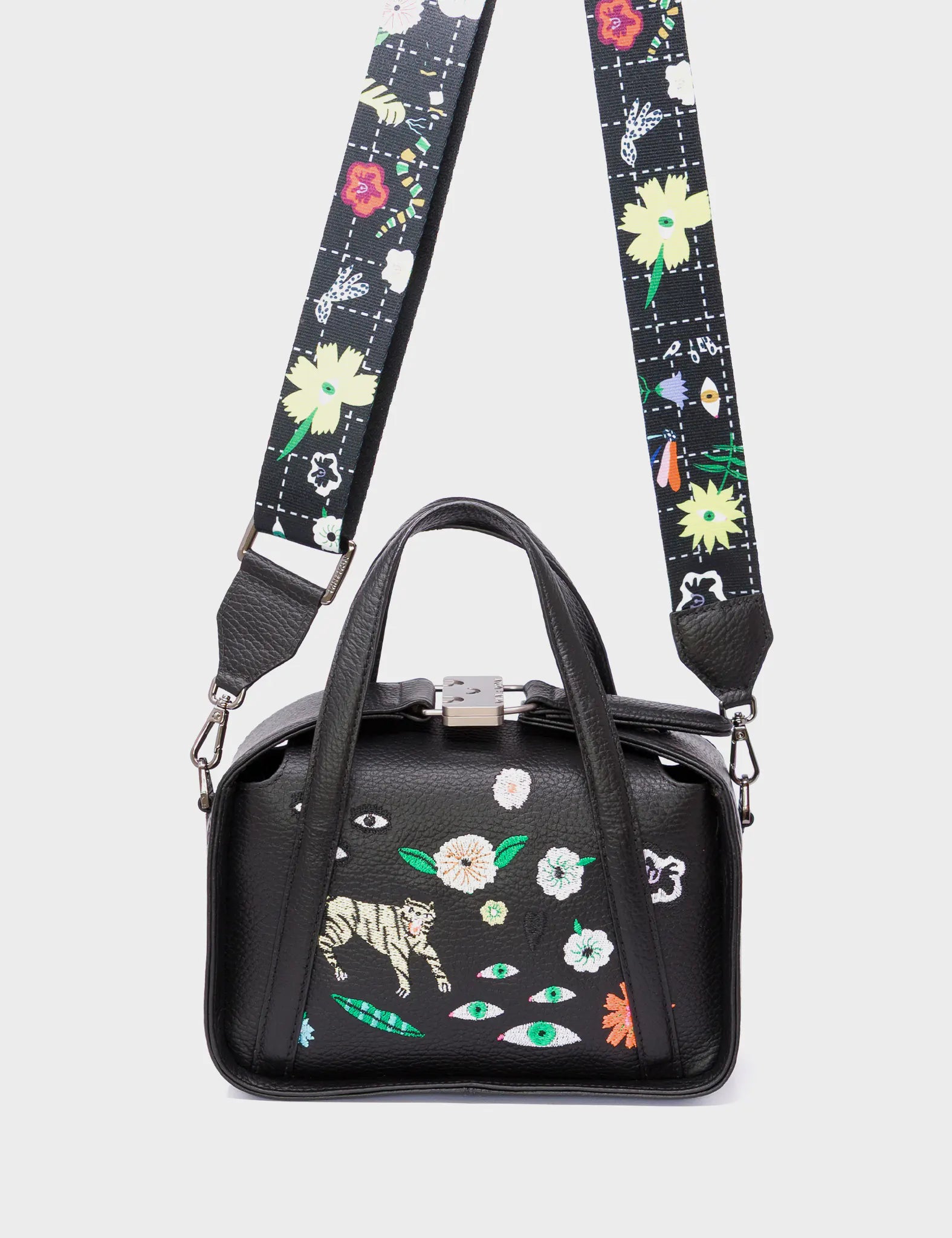Benji Small Crossbody Black Leather Bag -  Floralia Embroidery - Strap View