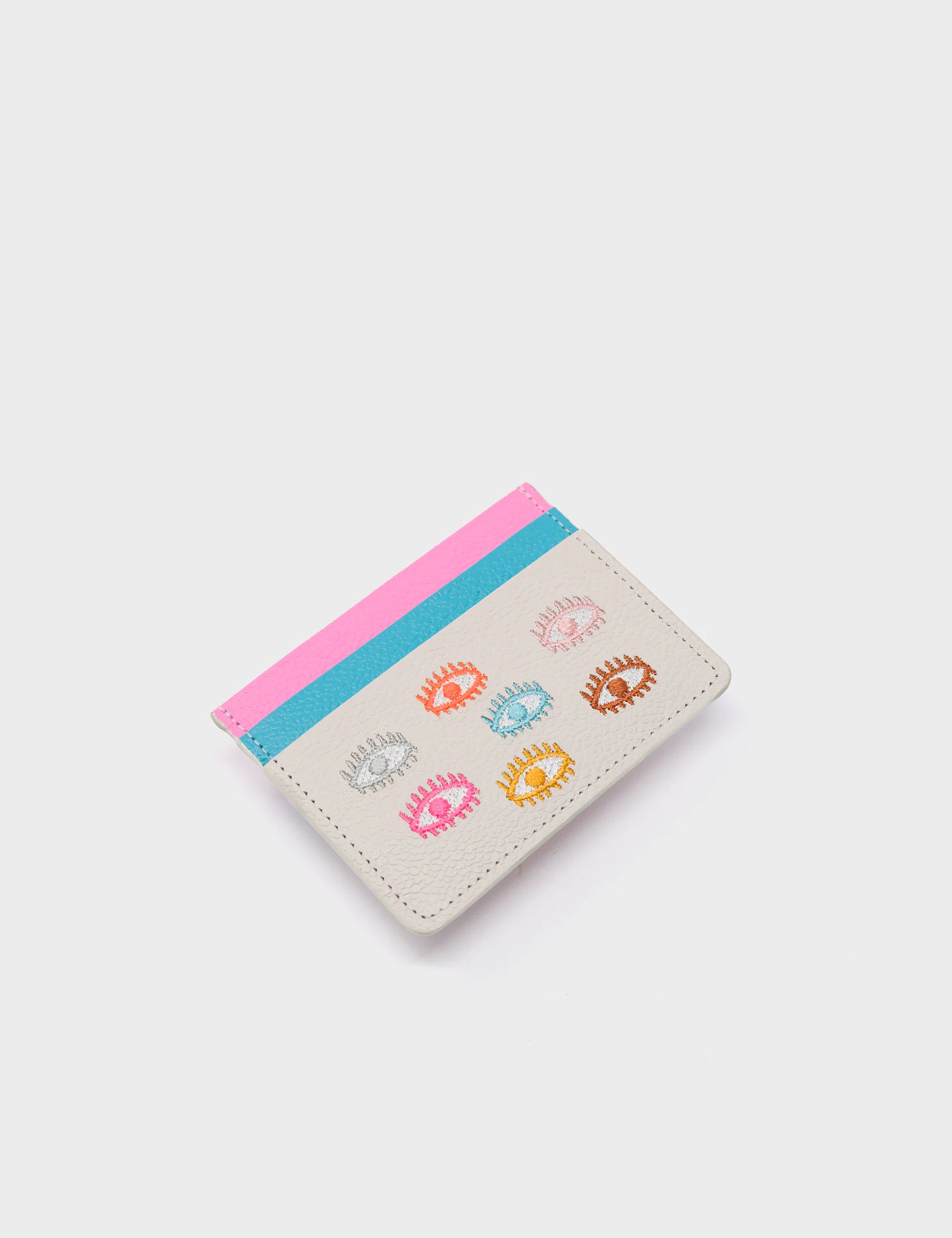 Filium Cream Leather Cardholder - Colorful Eyes Embroidery - Detail View