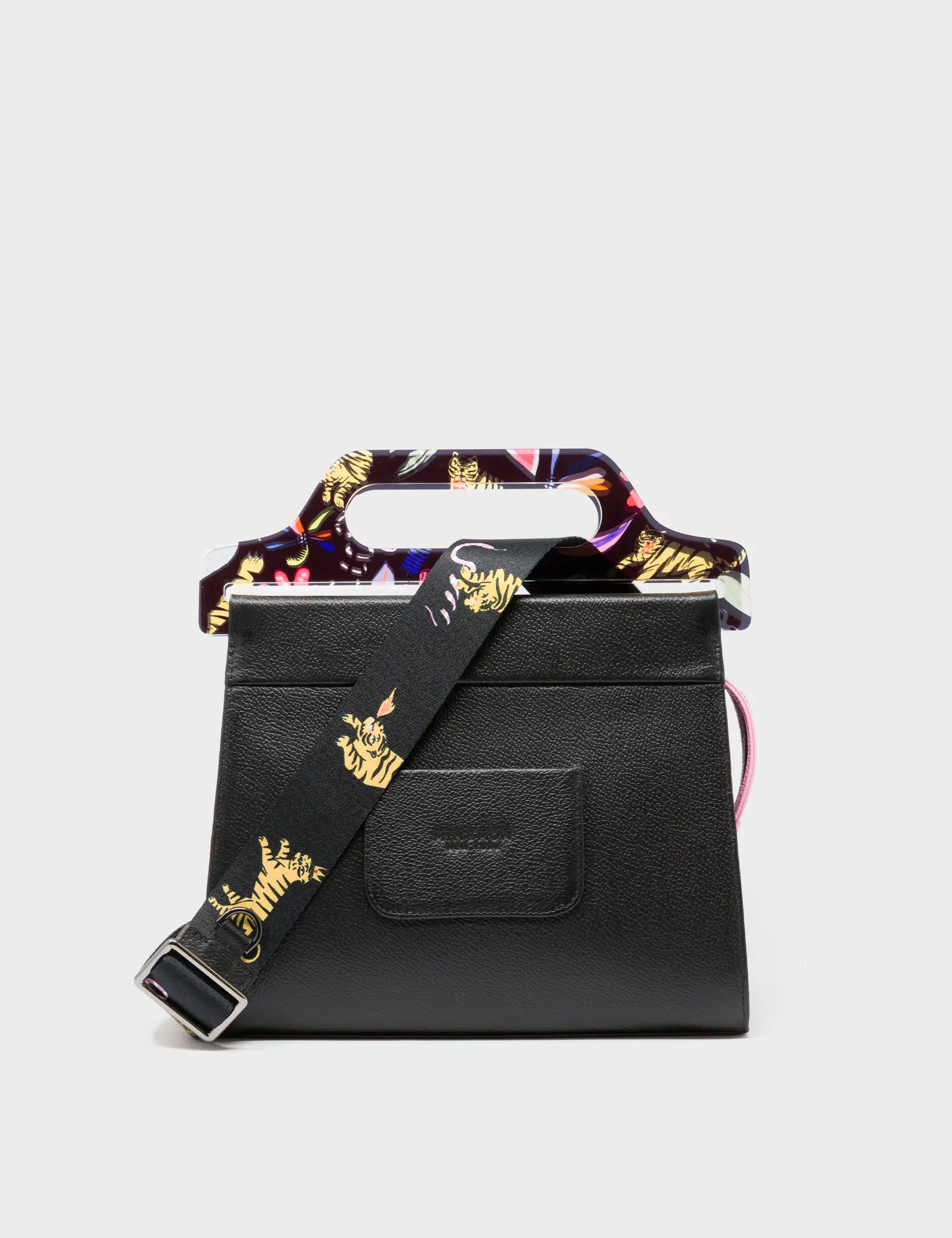 Vali Black Leather Crossbody Handbag Plastic Handle - Autumn Blush Embroidery  - Back View