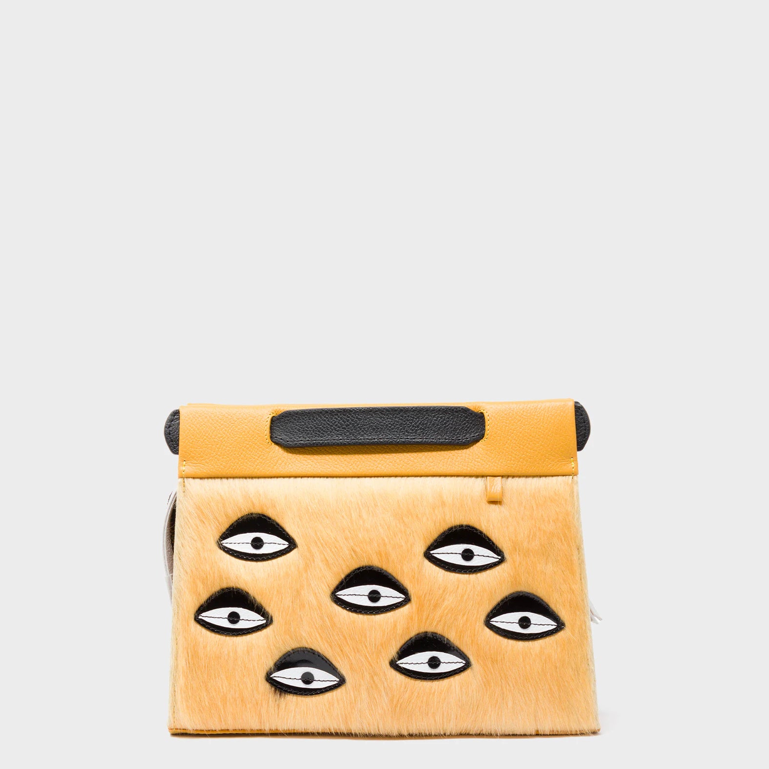Vali Crossbody Small Golden And Black Leather Bag - Eyes Applique Adjustable Handle - Front View