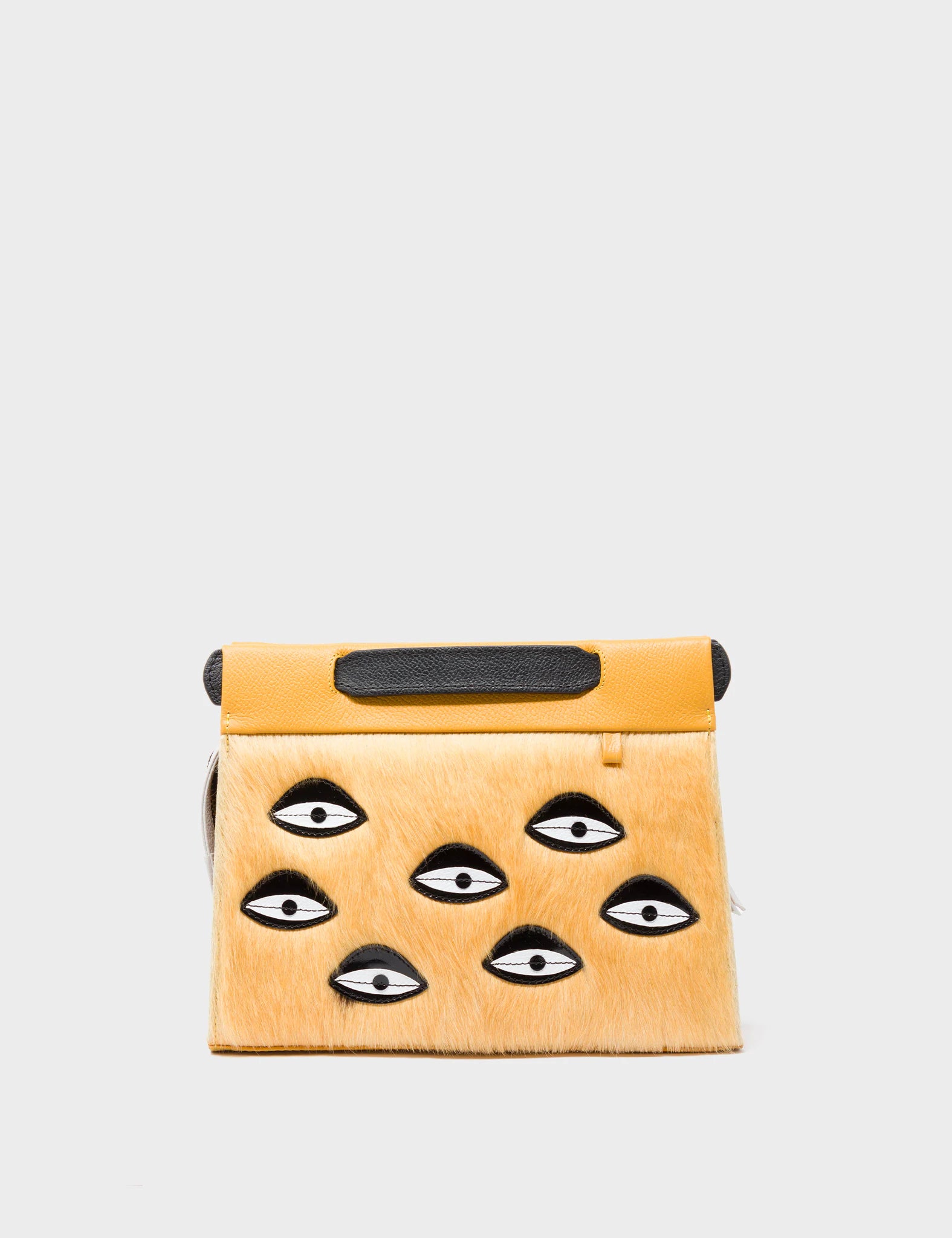 Vali Crossbody Small Golden And Black Leather Bag - Eyes Applique Adjustable Handle - Front View