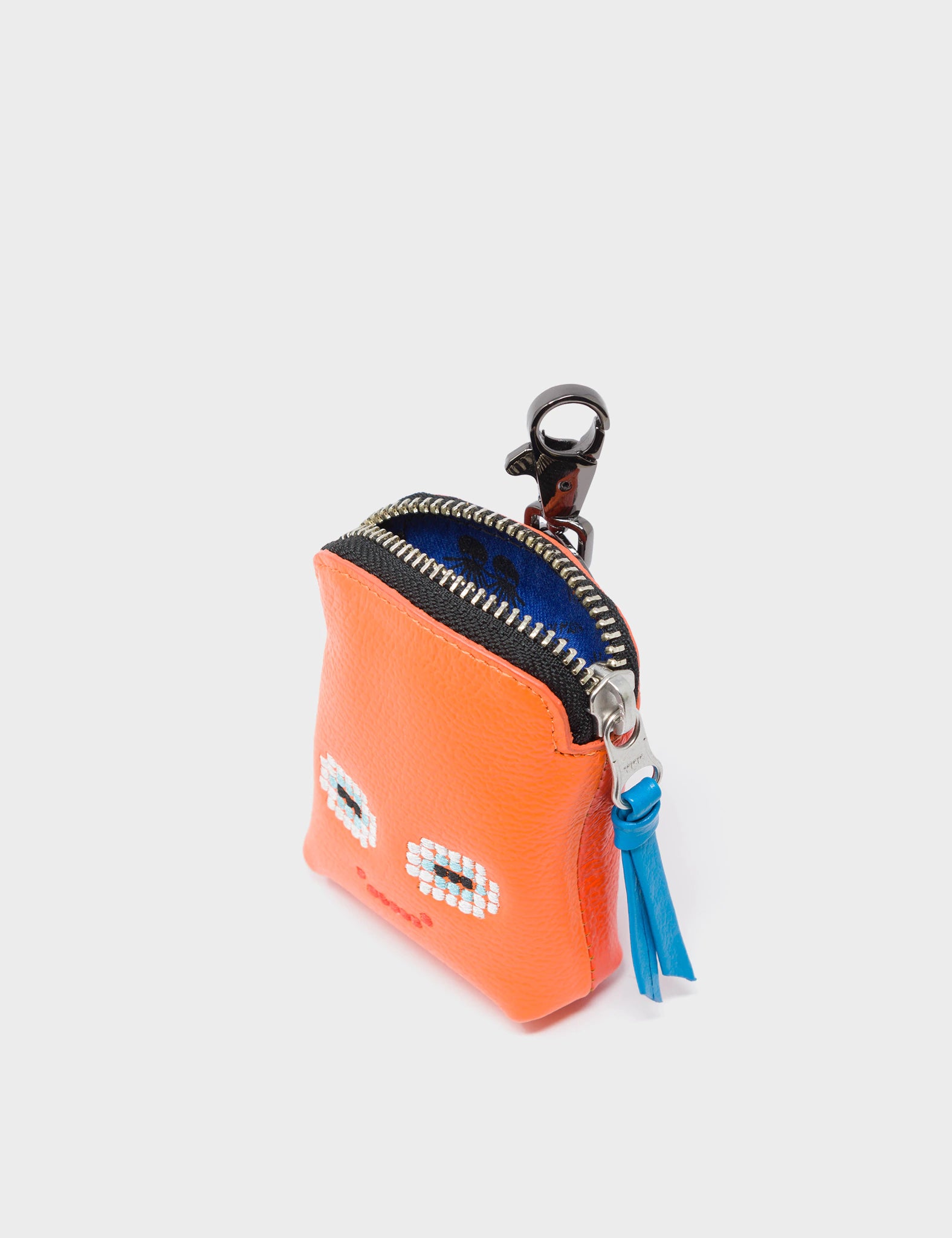 Florence Pouch Charm - Lollipop Orange Leather Keychain Happy Face Embroidery - Detail View