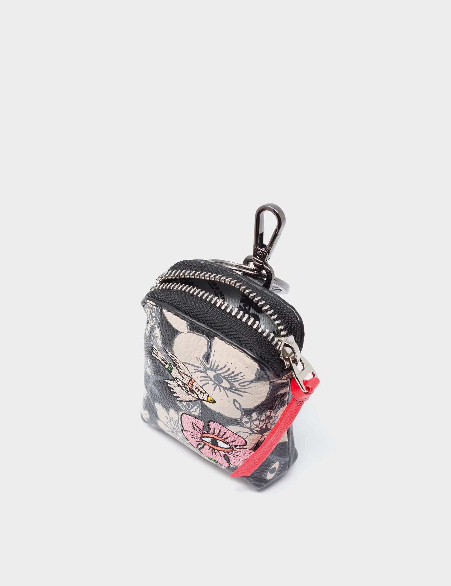 Florence Pouch Charm  - Black Leather Keychain Flowers Print - Open view