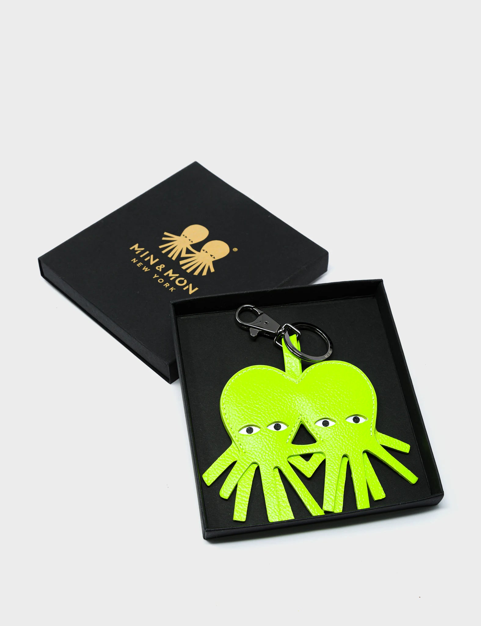 Octotwins Charm - Neon Yellow Leather Keychain - box
