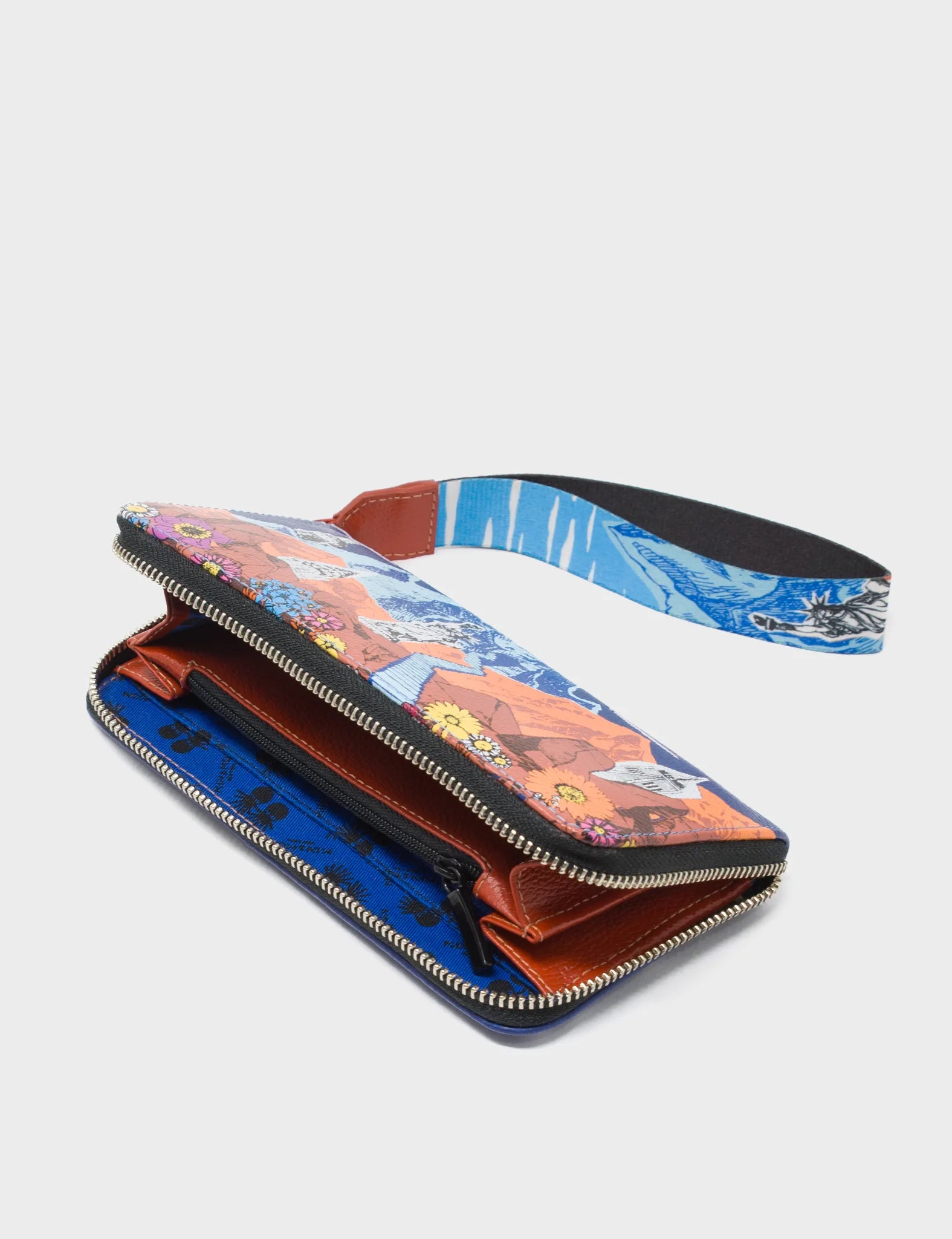 Francis Royal Blue Leather Wallet - Desert, Mountains and Flowers Design - Opened