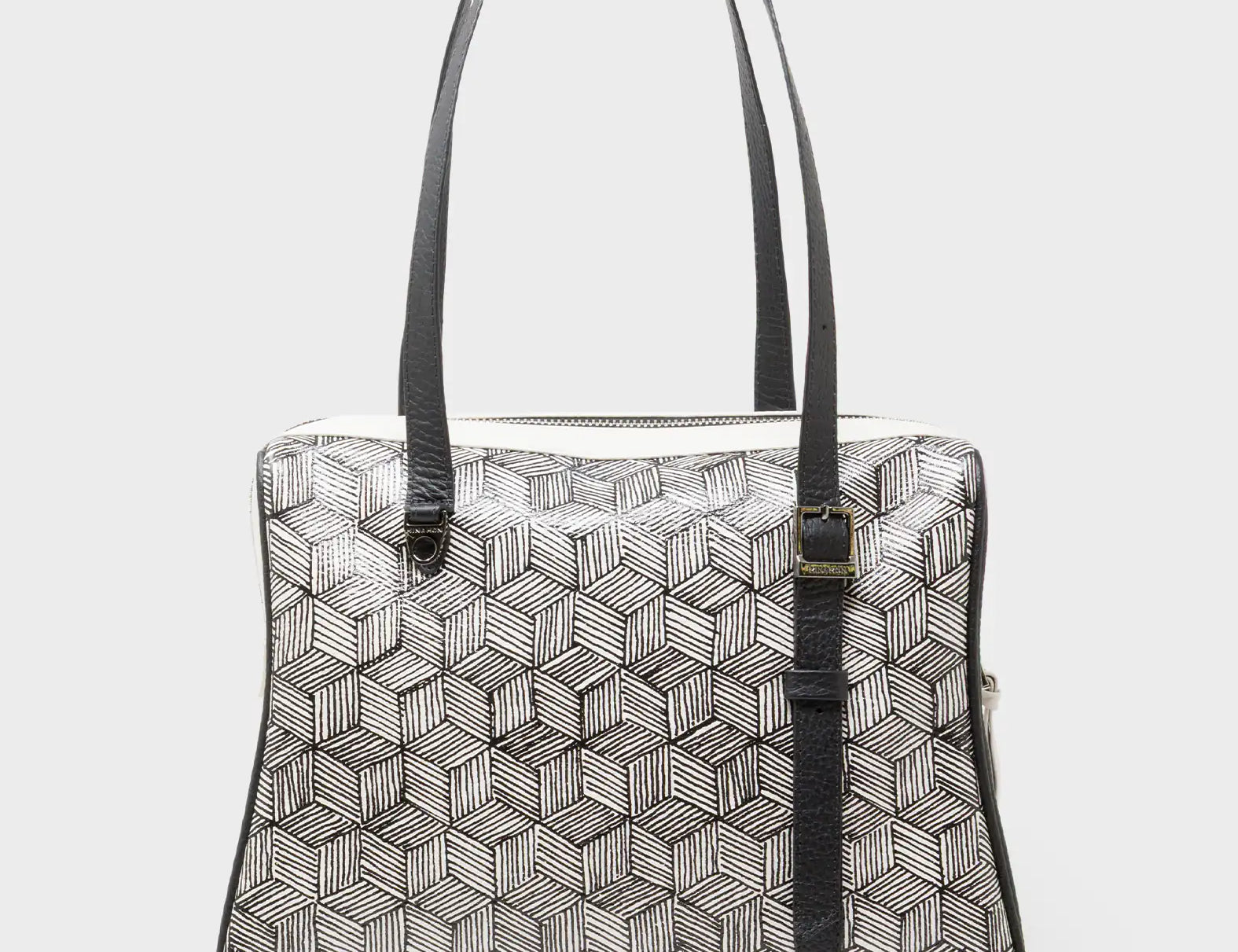 Esther Cream and Black Satchel Bag - Cubes Design - Back