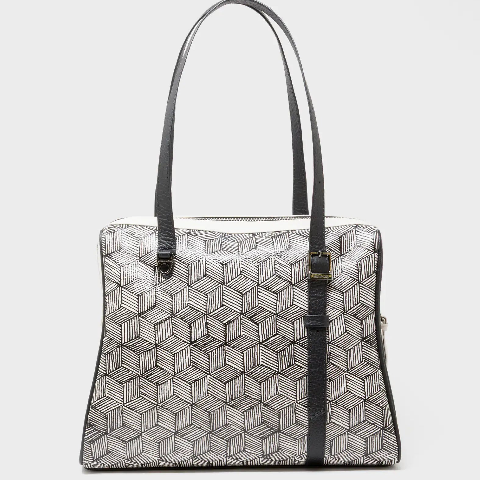 Esther Cream and Black Satchel Bag - Cubes Design - Back