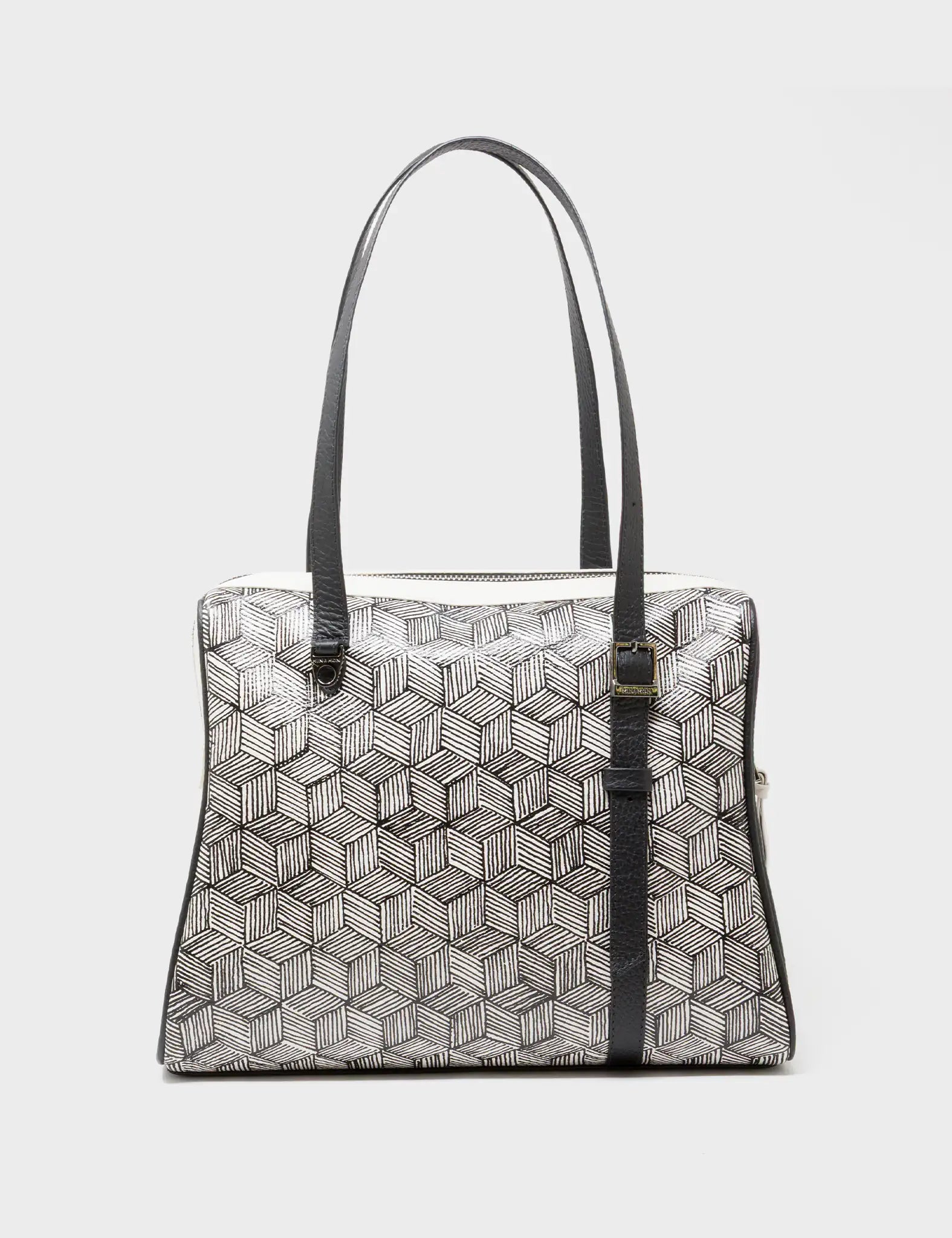 Esther Cream and Black Satchel Bag - Cubes Design - Back