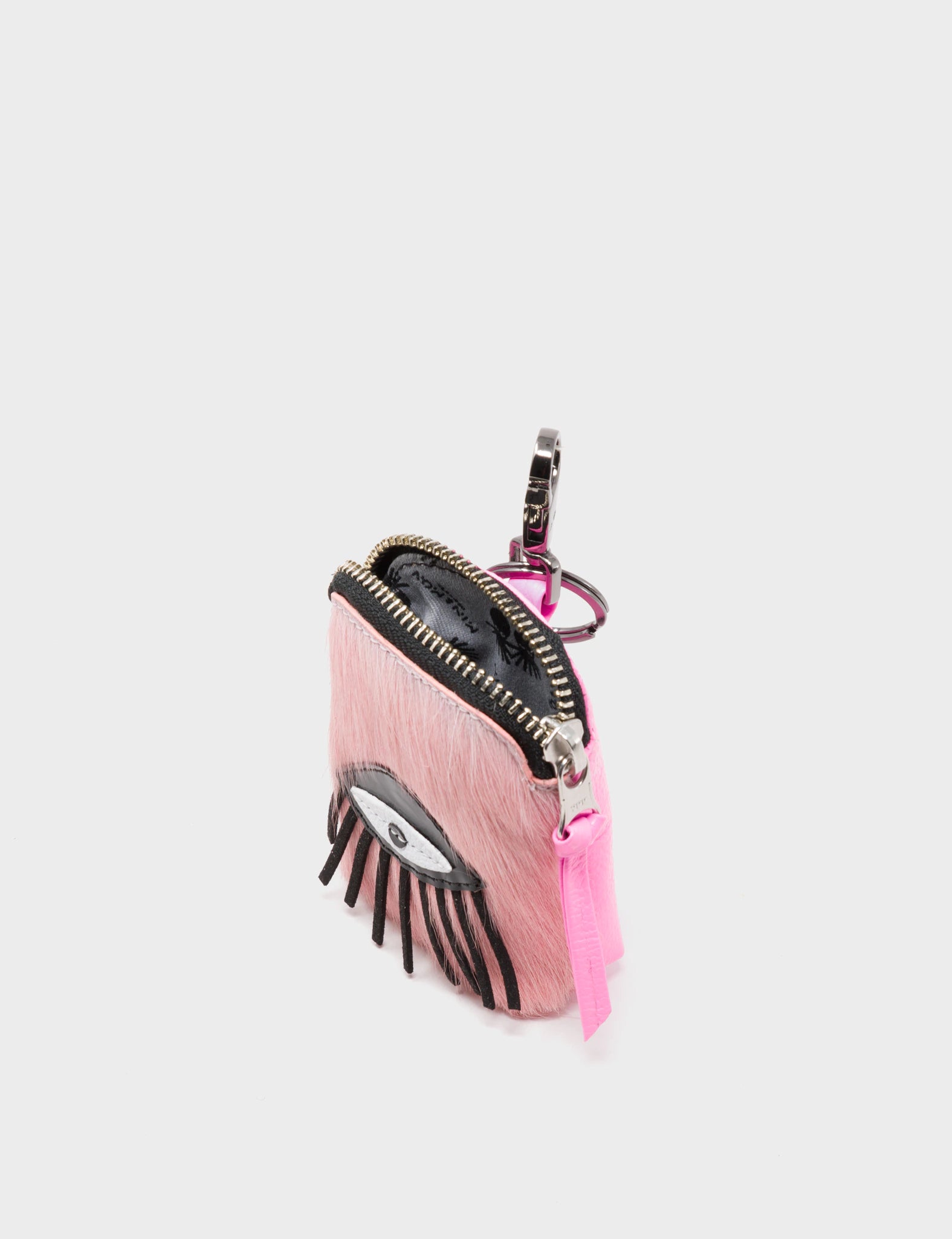 Pouch Charm - Pink Fur and Leather Keychain Eye Applique - Side 