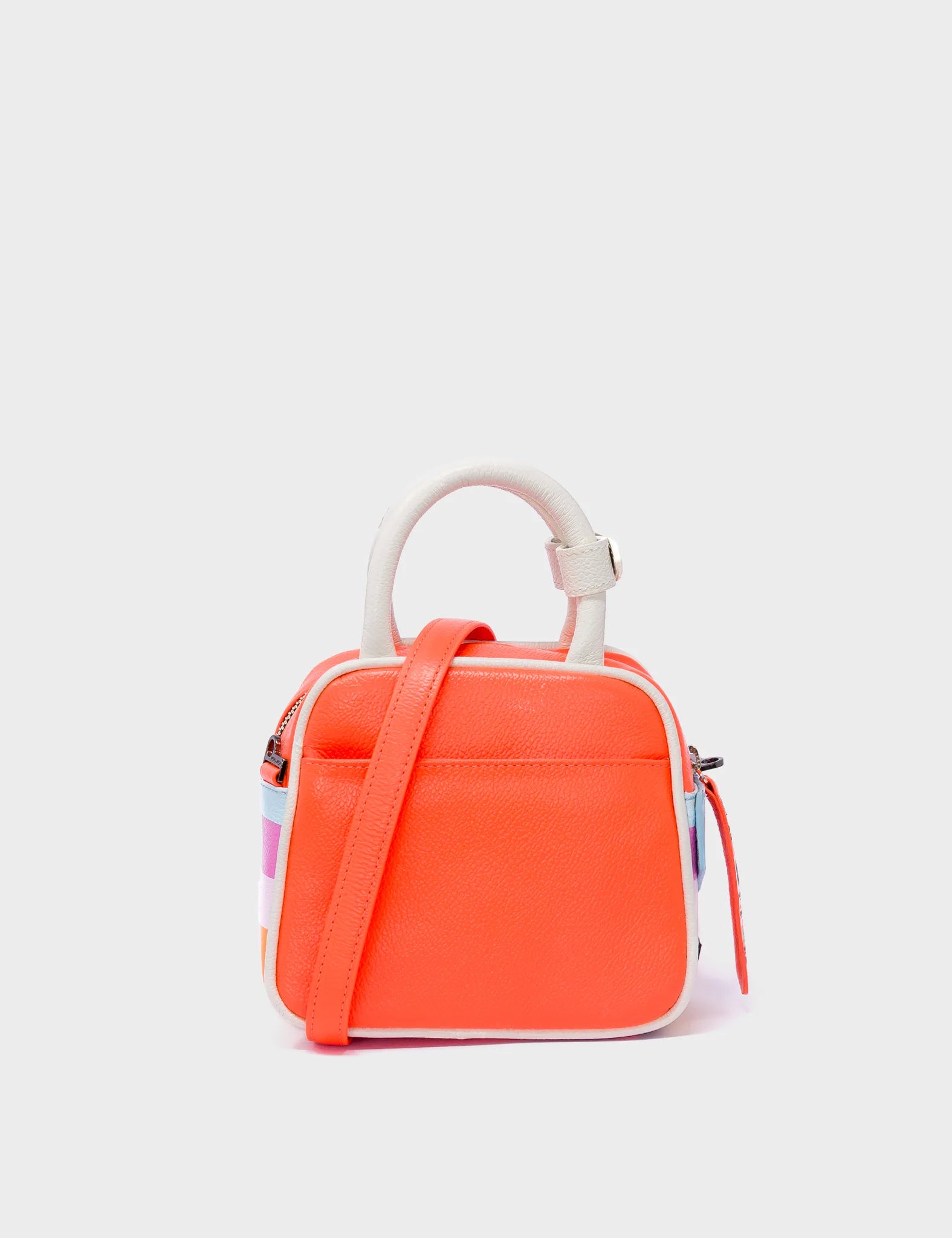 Small Crossbody Neon Orange Leather Bag - Eyes Pattern Printed - Back 