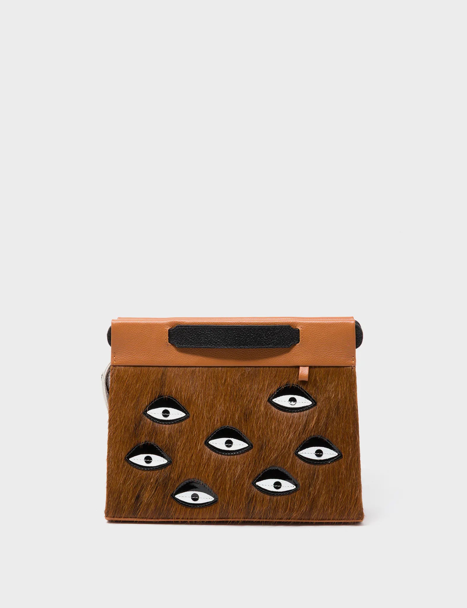 Vali Crossbody Small Baked City Brown Leather Bag - Eyes Applique Adjustable Handle - Front View