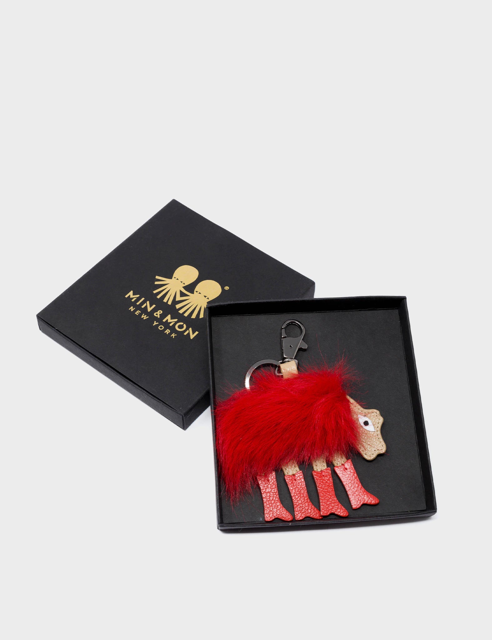 Wolf In Heels Charm - Red Syinthetic Fur and Red Boots Keychain - Packaging View