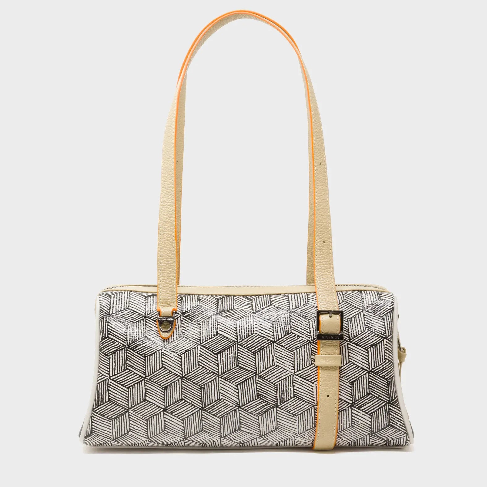 Esther Cream Satchel Mini Bag - All Over Eyes Embroidery and Cubes Print - Back View
