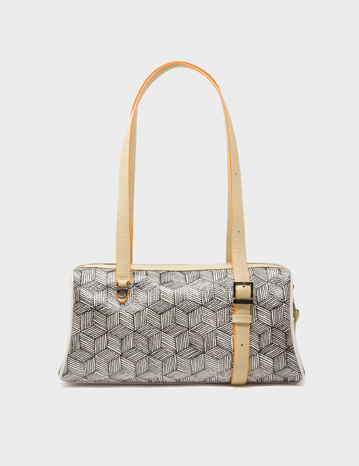 Esther Cream Satchel Mini Bag - All Over Eyes Embroidery and Cubes Print - Back View