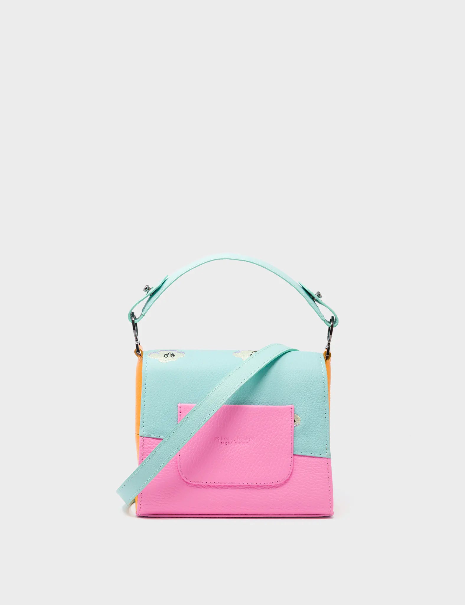 Anastasio Micro Crossbody Handbag Water Ballet Blue and Bubblegum Pink Leather - Happy Clouds Design - Back View